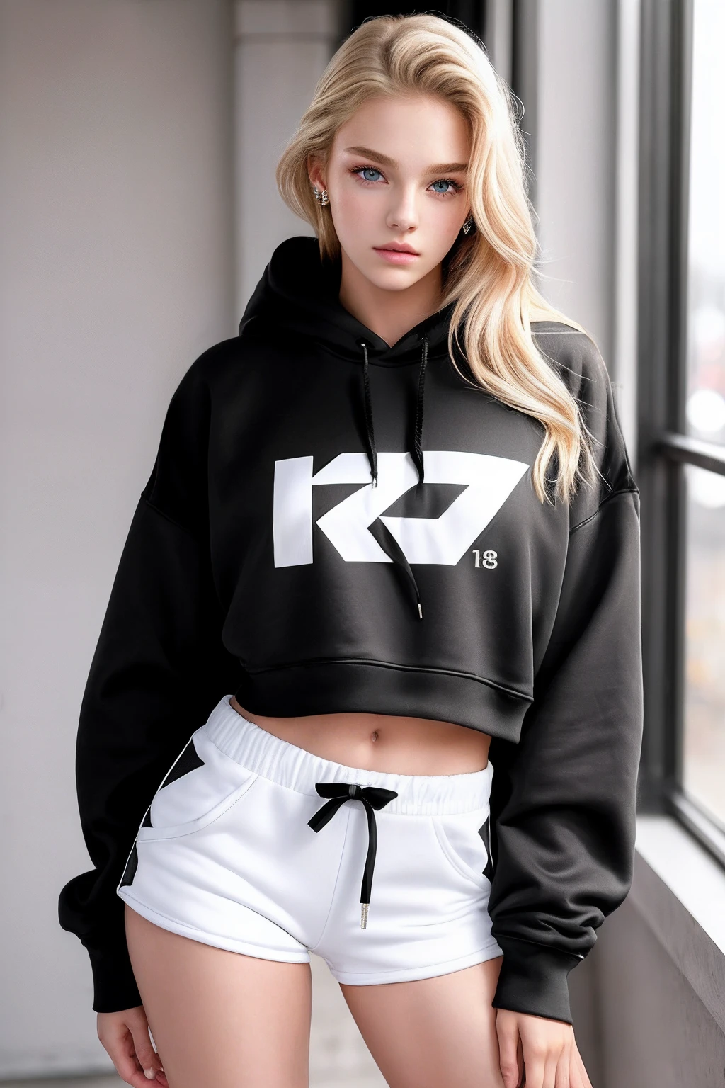 beautiful 18yo american supermodel, k-pop, itzy, dance wear, sporty, hoodie, dance, slender figure, blonde, detailed face, realistic eyes, fujifilm xt3