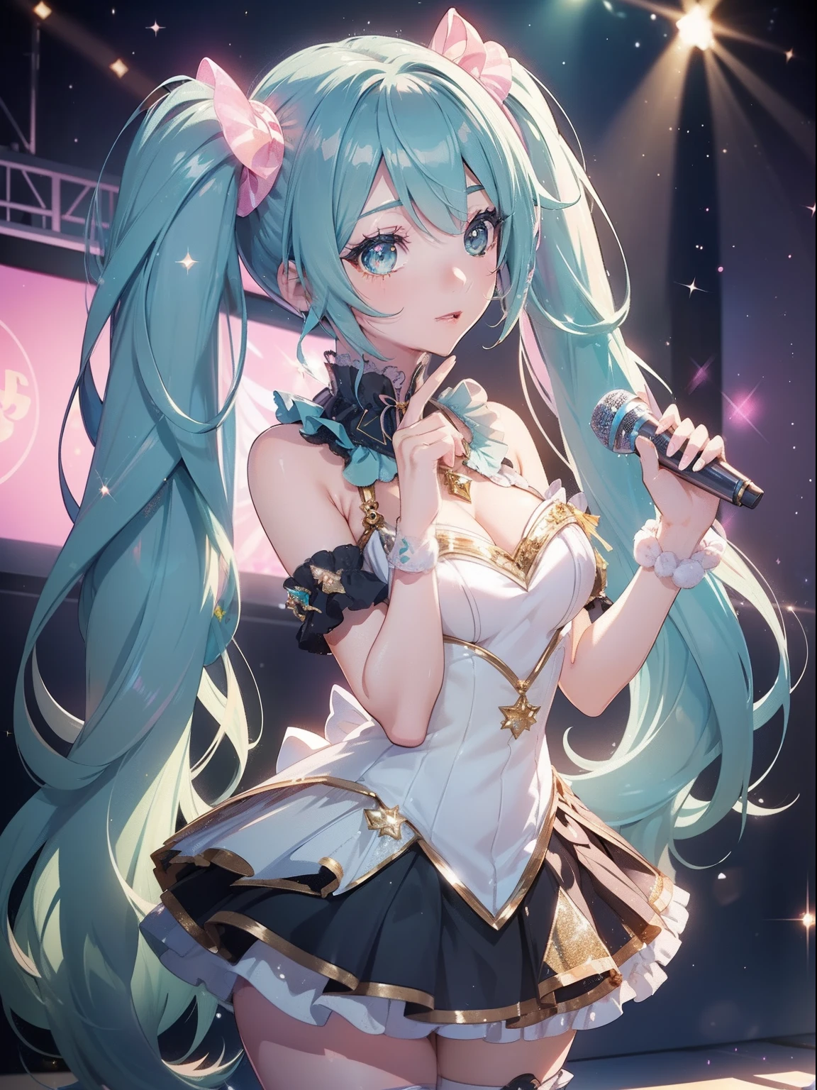 ((8k, Highest quality, masterpiece: 1.3)),Ultra-high resolution,(1 girl, alone), (Color changing eyes, Ultra-detailed, Expressive brilliance, Glitter, Glowing Eyes), Highly detailed eyes, Highly detailed face, Random Hair, ((pastel colour)),A cheerful young woman with pastel teal hair styled into a high ponytail, sitting on her bed, surrounded by scattered cosplay accessories. It’s mid-morning, and the room is filled with bright, natural light coming through the window. She is dressed in a retro idol cosplay, wearing a colorful, glittery dress with a short pleated skirt, matching wristbands, and a star-shaped hairclip. The camera captures her from a slightly elevated angle as she practices her dance moves while sitting, her face beaming with excitement. Her room is filled with posters of famous idols, a microphone stand in the corner, and a shelf lined with CDs and vinyl records, reflecting her love for music and performance,(nsfw:1.2)