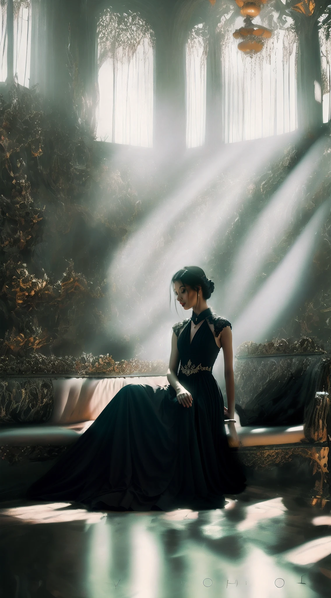In a dark room，there is a woman that is sitting down on a bench, elegant cinematic pose, dreamy atmosphere and drama, elegant cinematic fantasy art, Dramatic cinematic perfect light, gorgeous cinematic lighting, an elegant woman in black dress, Theatrical epic cinematic lighting, dramatic cinematic lighting, Intricate cinematic lighting, Dramatic dream lighting, 8 k sensual lighting, Cinematic.