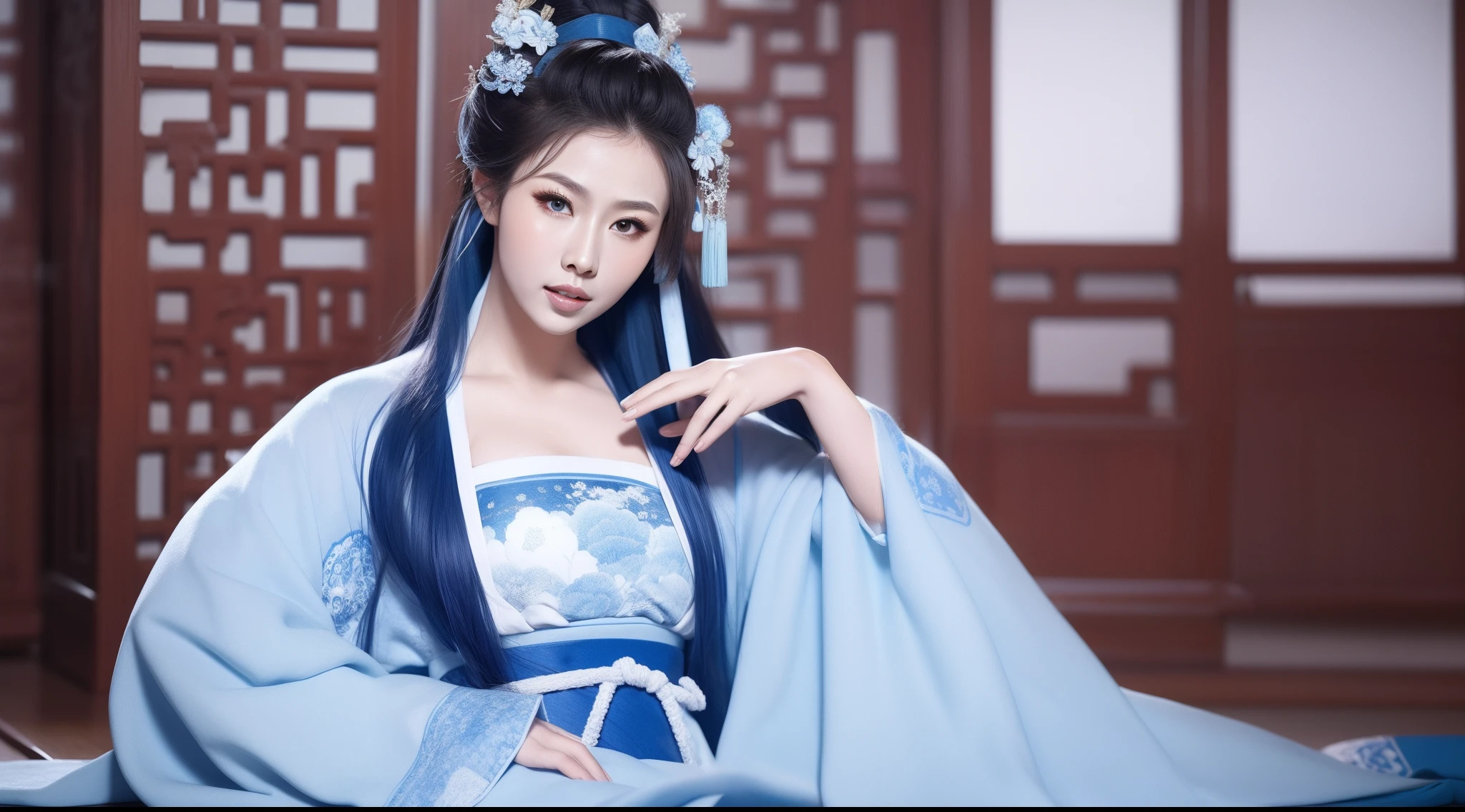 Blue and white porcelain style，Ancient Chinese clothing，The clothing is blue and white motif，ancient china art style，Fashion model 18 years old [[[[closeup cleavage]]]], [[[[boobgasm]]]], [[[[coll]]]], [[[[bshoulders]]]], perfect  eyes, Perfect iris，Perfect lips，perfect teeth，Perfect skin，with fair skin，Soft front light，hdr，Movie girl，long whitr hair，The expression was melancholy，The background is an ancient Chinese interior，4K Ultra HD, 超高分辨率, (Photorealistic: 1.4), Best quality，Masterpiece，Utra dilution，（pastel colour：1.2）