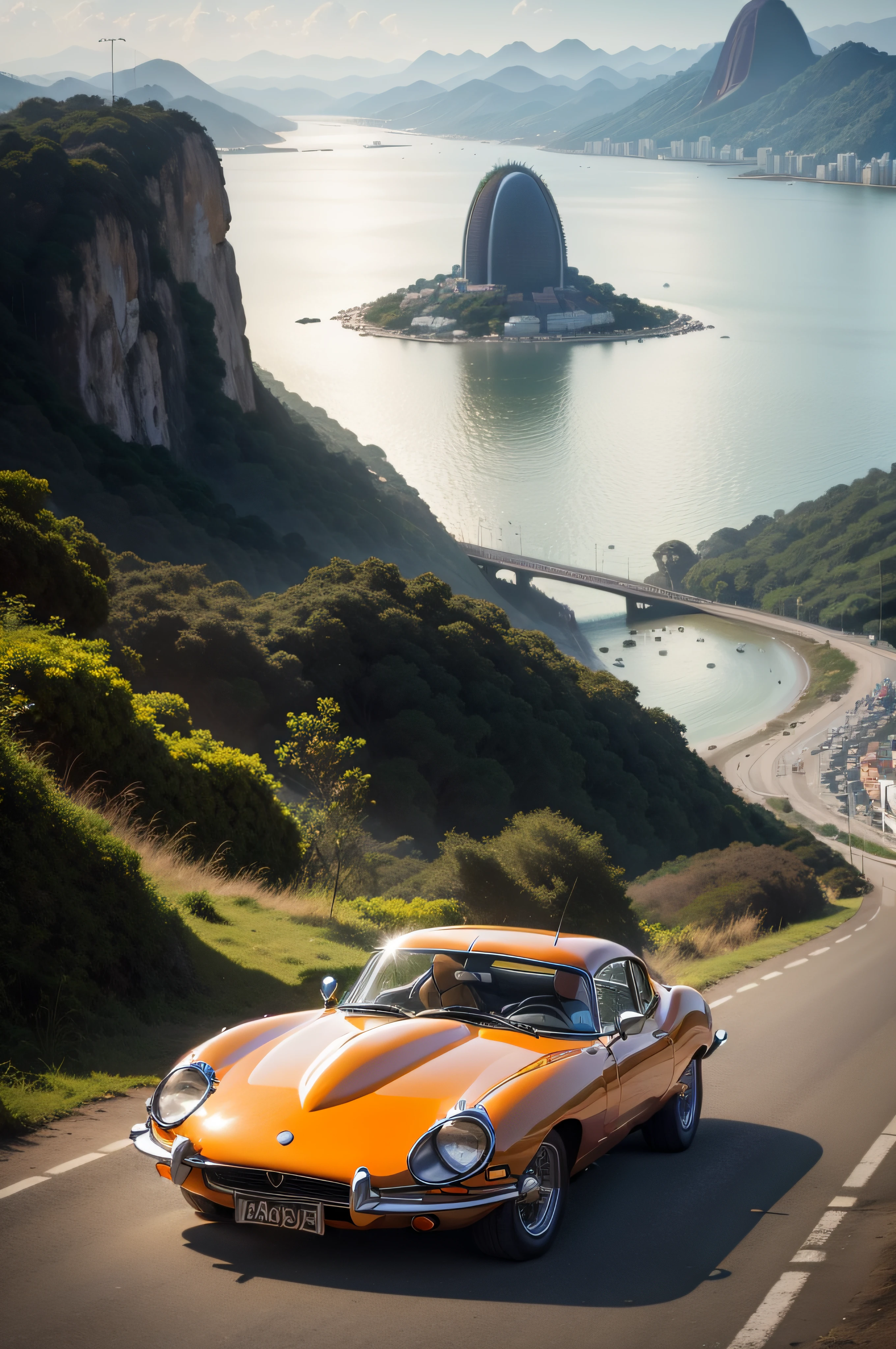 ORANGE 1974 Jaguar E-Type Roadster  at a mountain in the city of Rio de janeiro Brazil  (Best quality, 8k, Masterpiece :1.2),  hyper realistic.