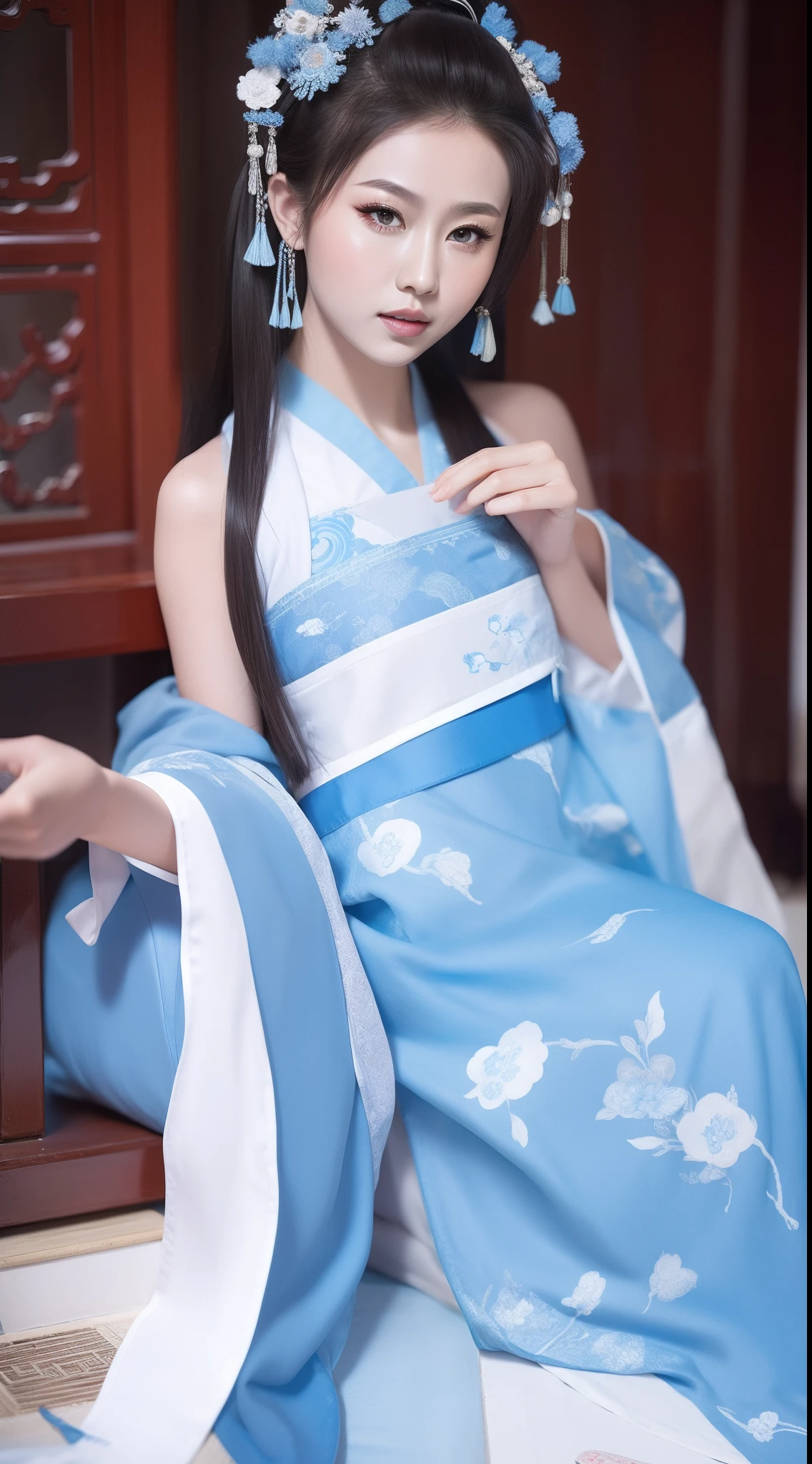 Blue and white porcelain style，Ancient Chinese clothing，The clothing is blue and white motif，ancient china art style，Fashion model 18 years old [[[[closeup cleavage]]]], [[[[boobgasm]]]], [[[[coll]]]], [[[[bshoulders]]]], perfect  eyes, Perfect iris，Perfect lips，perfect teeth，Perfect skin，with fair skin，Soft front light，hdr，Movie girl，long whitr hair，The expression was melancholy，The background is an ancient Chinese interior，4K Ultra HD, 超高分辨率, (Photorealistic: 1.4), Best quality，Masterpiece，Utra dilution，（pastel colour：1.2）