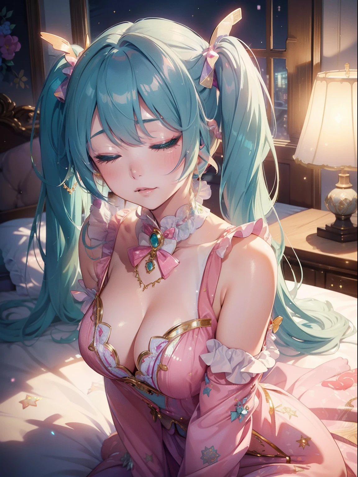 masutepiece, High resolution, 8K, anime woman, Delicate and detailed writing 、Detailed digital illustration、Very long hair and shiny、Bangs、a very beautiful woman、Eyes are double, Large, Bust is D cup、High image quality, High quality、Detailed background、natta、Pale light blue hair、(((2 arms、4 fingers, 1 thumb)))、Detailed female face、Very beautiful and cute woman、、细致背景、masterpiece、Soft Focus , Bright gradient watercolor , Lens Flare , (((Glitter))) , Glow , Dreamy , Cute checked pajamas、Idol、((miku hatsune))、(((Pigtails)))、(((Sleeping in bed)))、Sleeping unprotected、Eyes closed