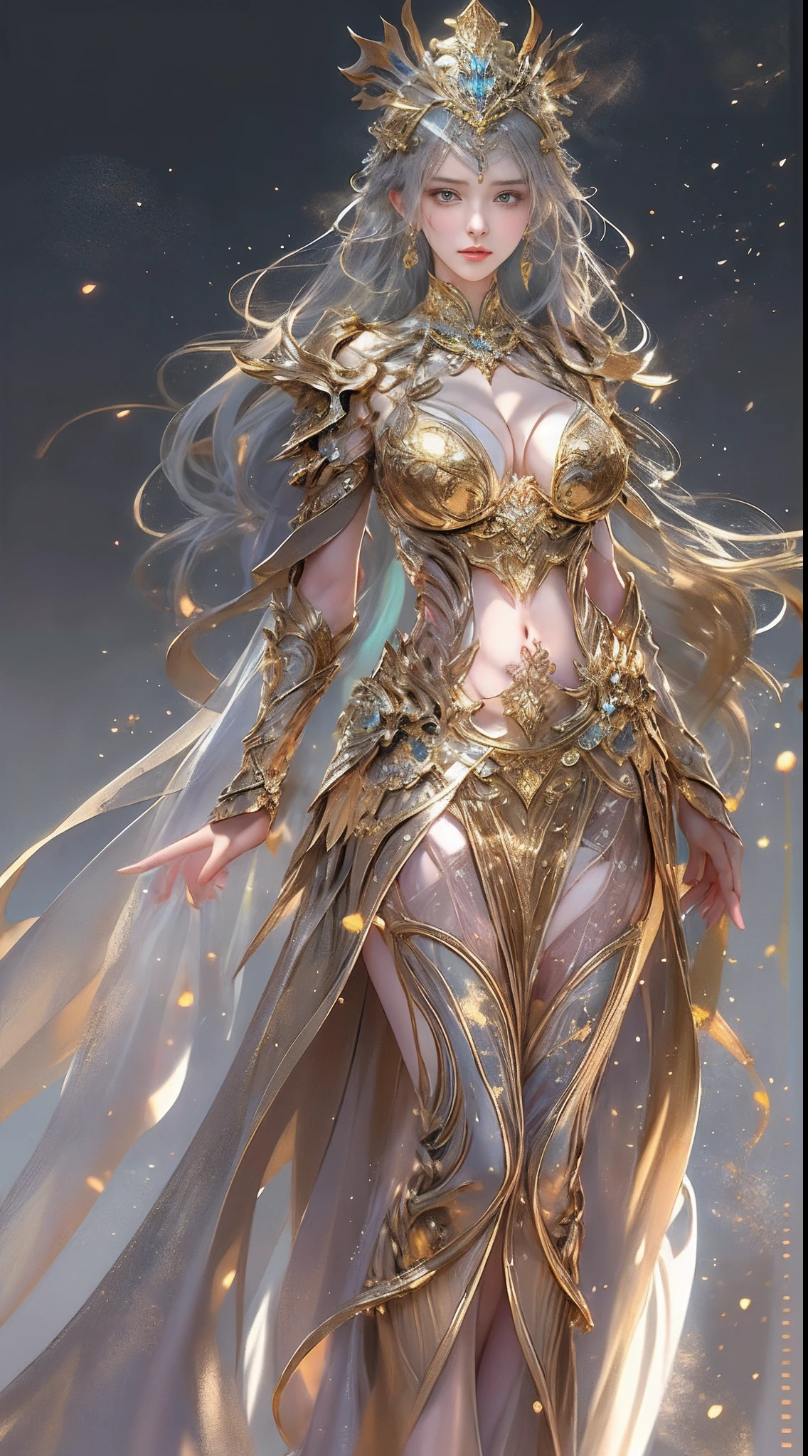 Woman in a golden transparent dress,view the viewer,(((Huge breasts, Large cleavage))),Slim waist,(navel baring,Bare waist), Long hair, Ultra-detailed details,High-end Zhenyi station, Rainstorm site, detailed fantasy art, Stunning character art, Beautiful and exquisite character art, Beautiful gold and silver armor, Extremely detailed, Girl in shiny armor, Exquisite tiaras and jewelry,Crystal jewelry filigree, milky ways, Stunning visuals, (dynamic streaks, light tracks:1.2), Vibrant colors,