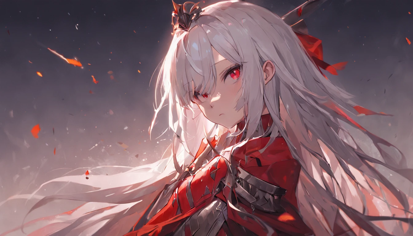A teenage girl,White hair and red eyes,long whitr hair,Original Character、fantasy concept art、Best shadow、shallowdepthoffield、the emperor,Portrait of a noble knight、Dignified、Sad expression,streaming tears,Sophisticated tactical heavy armor、Tassel waistband、Hand Guard、Pauline、High quality armor texture,Stand up,Kneel on one knee,overcast day,Snow,(HighestQuali,astonishing detail:1.25),(独奏:1.3),Brilliant and colorful paintings