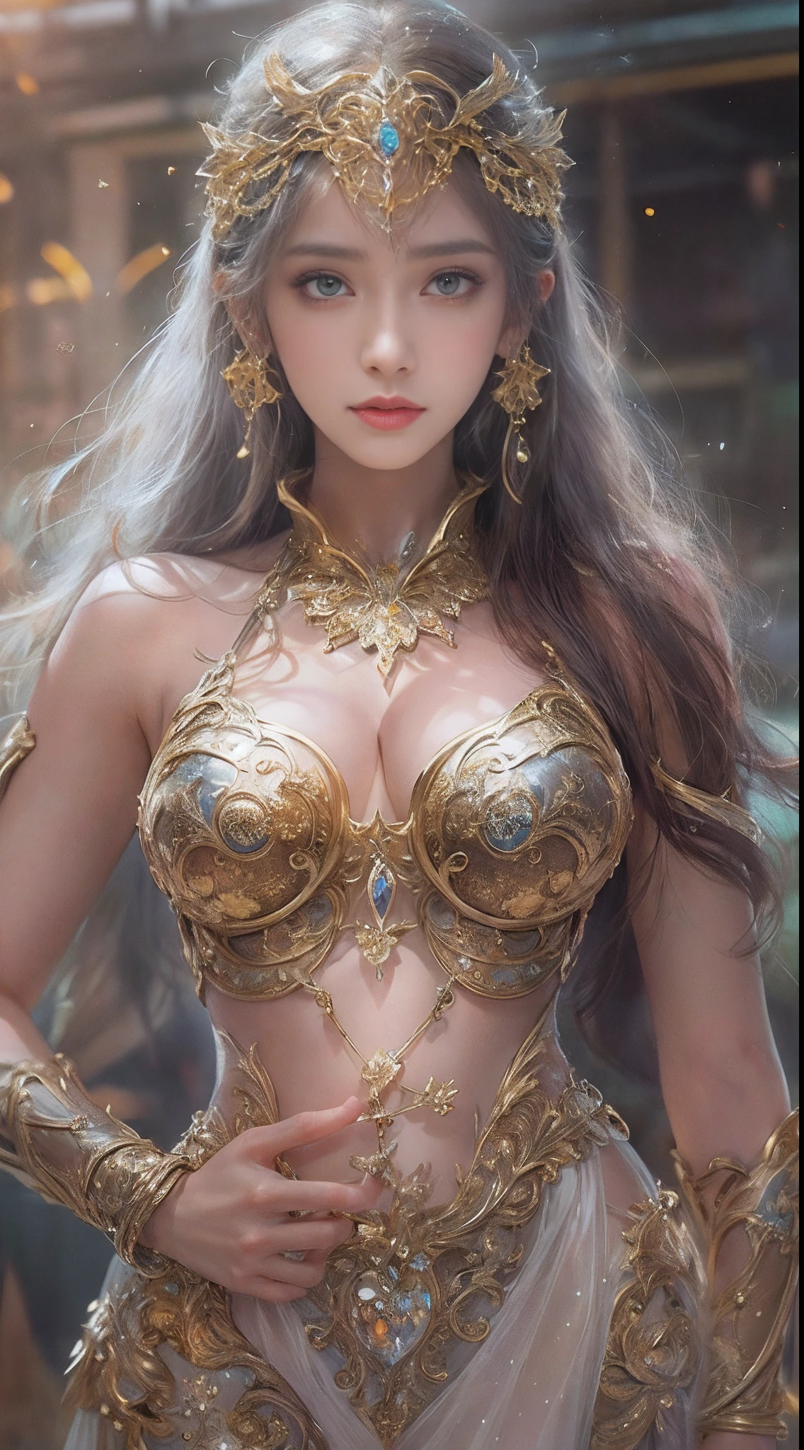 Woman in a golden transparent dress,view the viewer,(((Huge breasts, Large cleavage))),Slim waist,(navel baring,Bare waist), Long hair, Ultra-detailed details,High-end Zhenyi station, Rainstorm site, detailed fantasy art, Stunning character art, Beautiful and exquisite character art, Beautiful gold and silver armor, Extremely detailed, Girl in shiny armor, Exquisite tiaras and jewelry,Crystal jewelry filigree, milky ways, Stunning visuals, (dynamic streaks, light tracks:1.2), Vibrant colors,