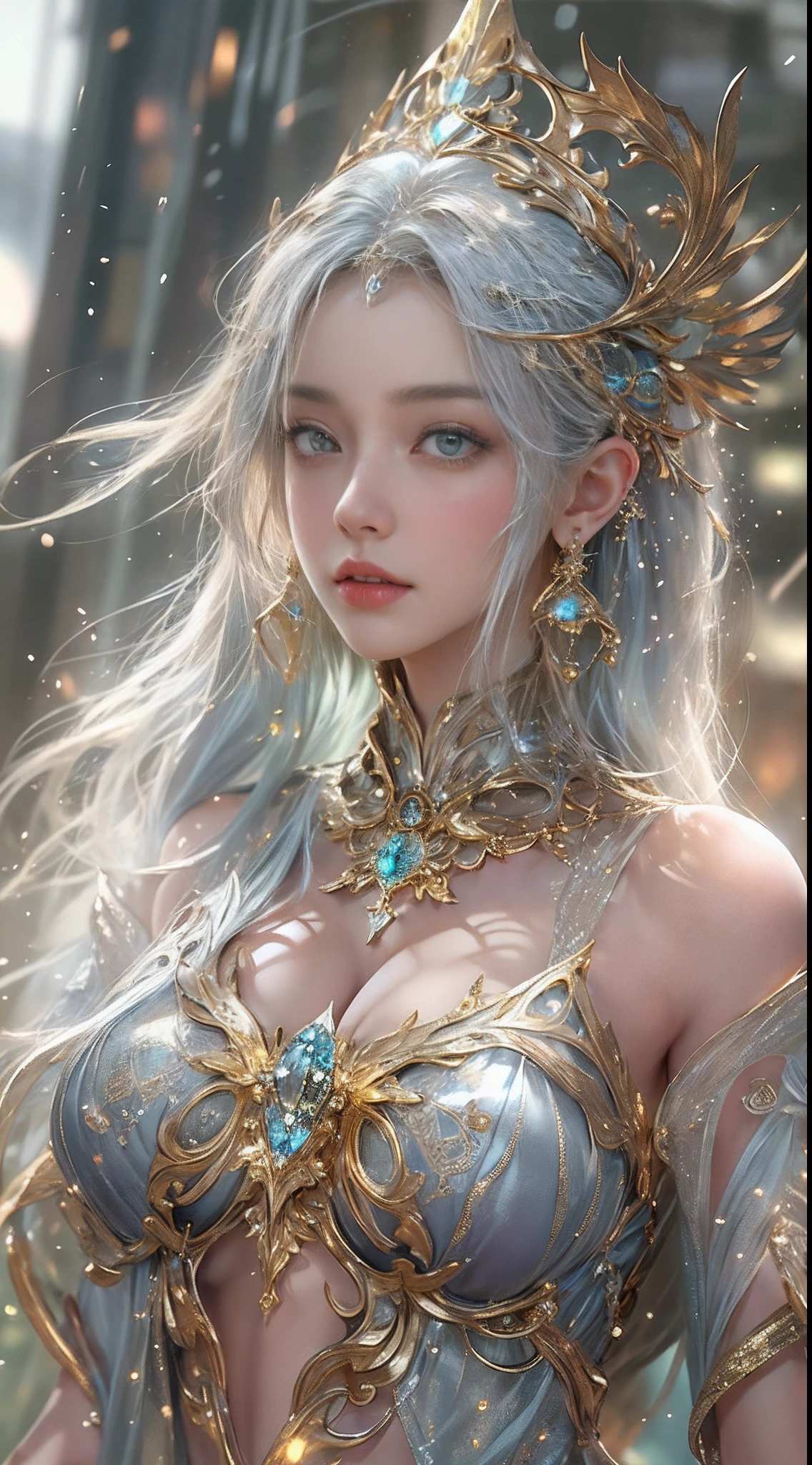 Woman in a golden transparent dress,view the viewer,(((Huge breasts, Large cleavage))),Slim waist,(navel baring,Bare waist), Long hair, Ultra-detailed details,High-end Zhenyi station, Rainstorm site, detailed fantasy art, Stunning character art, Beautiful and exquisite character art, Beautiful gold and silver armor, Extremely detailed, Girl in shiny armor, Exquisite tiaras and jewelry,Crystal jewelry filigree, milky ways, Stunning visuals, (dynamic streaks, light tracks:1.2), Vibrant colors,