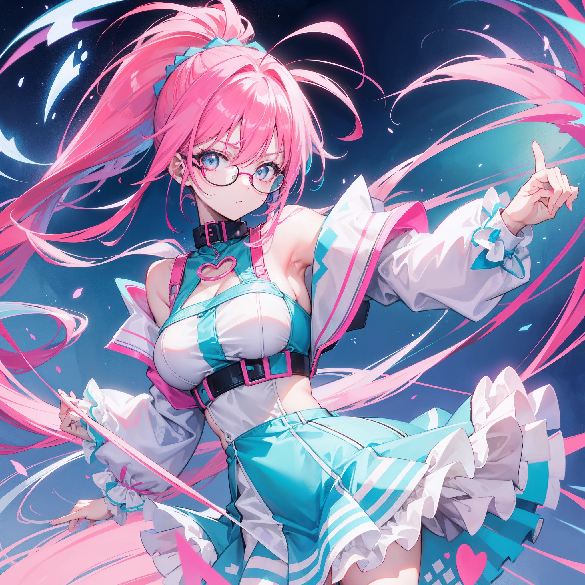Neon-like vivid blue gradient to bright pink hair，Tied with a high ponytail，With round thick-rimmed glasses，Pink collar，red colour，In pink，Yellow with cream dress，A cute girl who looks fierce