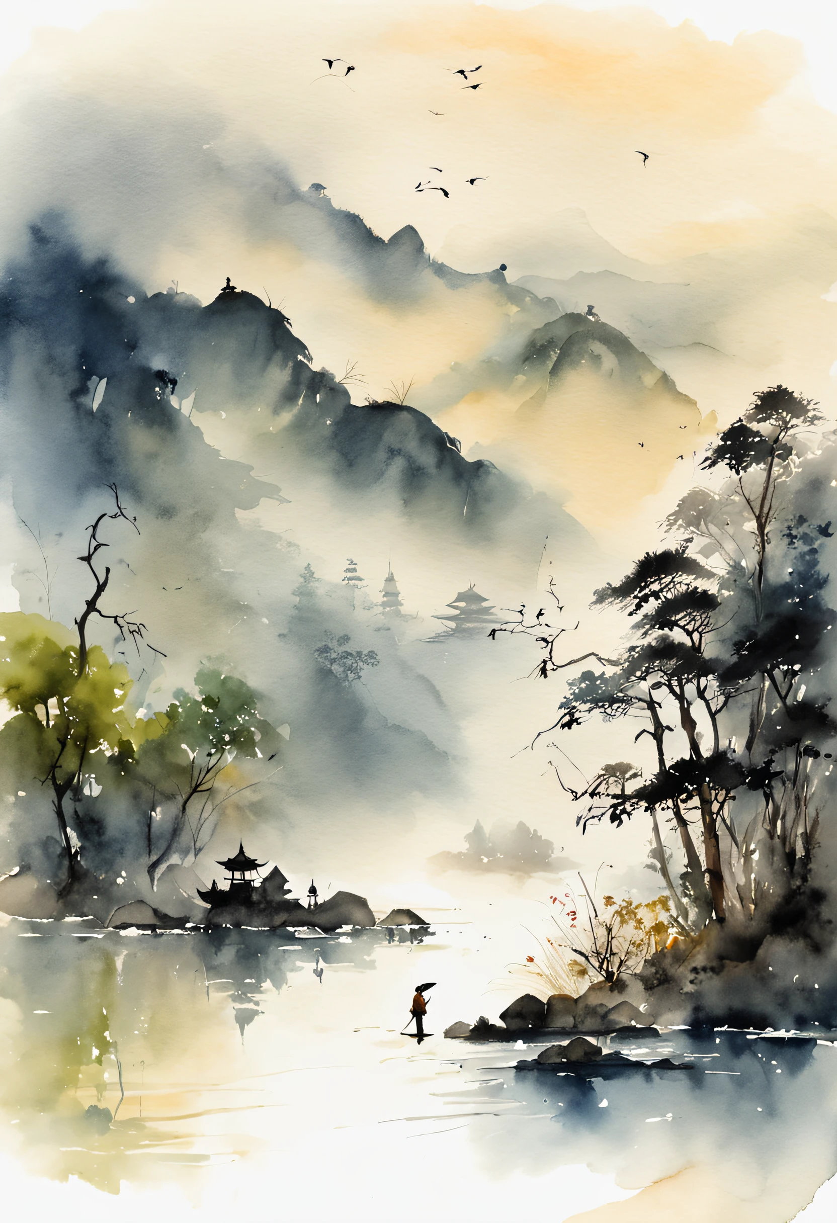 scenecy,Chinese ink painting style,Tranquil river,An old fishing man on the shore,Mountains loom in the distance,Foggy。