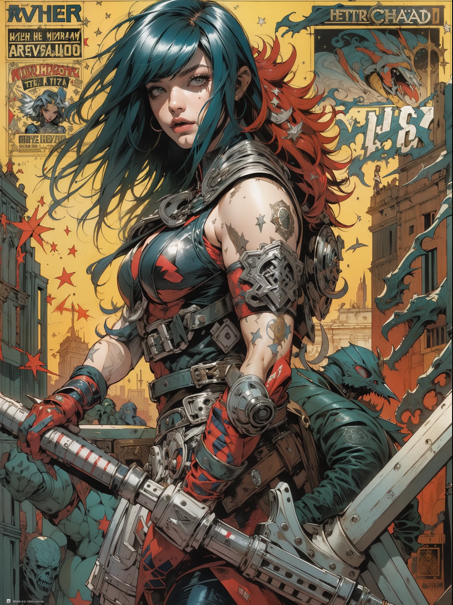 (((mulher))), (((melhor qualidade))), (((obra prima))), (((adulto))), (((1girl))), ((( corte de cabelo bob ))), Uma gladiadora cyberpunk mulher de 25 anos com corpo perfeito, shoulder pads with metal spines, Gladiadores do Brooklyn, (( corte de cabelo bob )), tiny leather panties, camiseta de time de rugby rasgada, quase nua no estilo selvagem urbano de Simon Bisley para a capa da revista Heavy Metal, Cabelo loiro curto, Minimum clothing, Metal protection on the left arm with intricate graphics, Dark red with white stars and white and navy blue checkerboard pattern, armadura, cheio de pontas e rebites, (((do joelho pra cima))), cabelos loiro branco curto, no fundo uma parede pintada por Shepard Fairey com um design intrincado