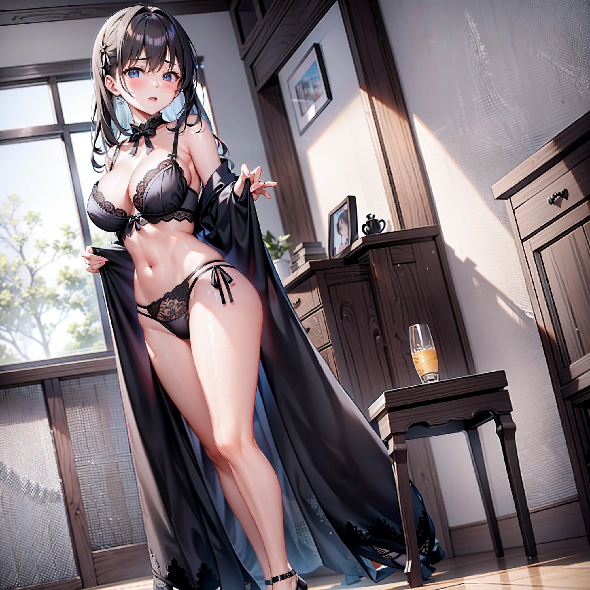 1girll，black lace cleavage underwear，Standing in the living room，独奏