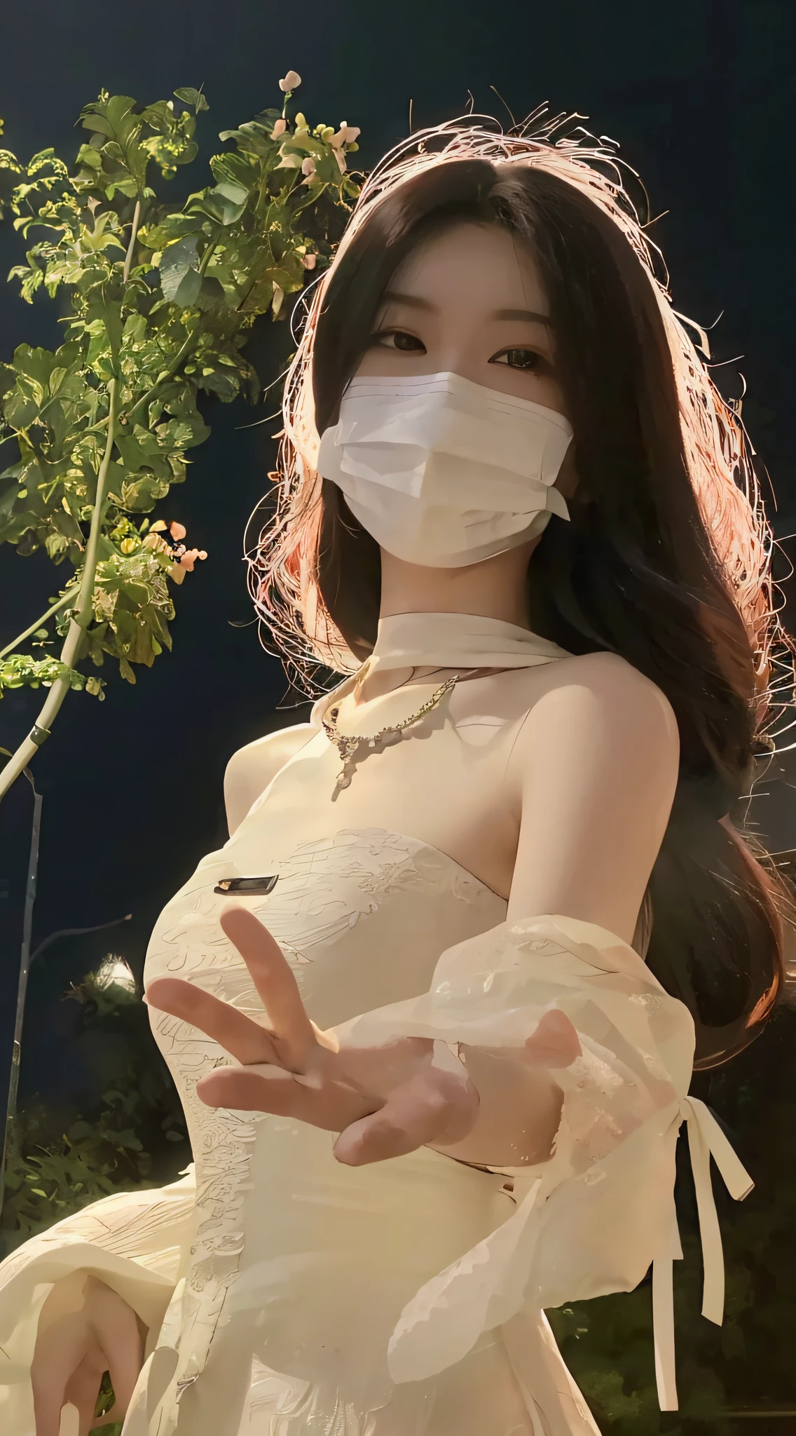 Araki woman in white dress and mask, the robot wearing her human mask, wearing transparent glass mask, pale milky white porcelain skin, trending at cgstation, wearing face mask, full-body xianxia, gorgeous chinese models, 8k selfie photograph, smooth white tight clothes suit, trending on cgstation, on a mannequin. High quality, Porcelain white skin