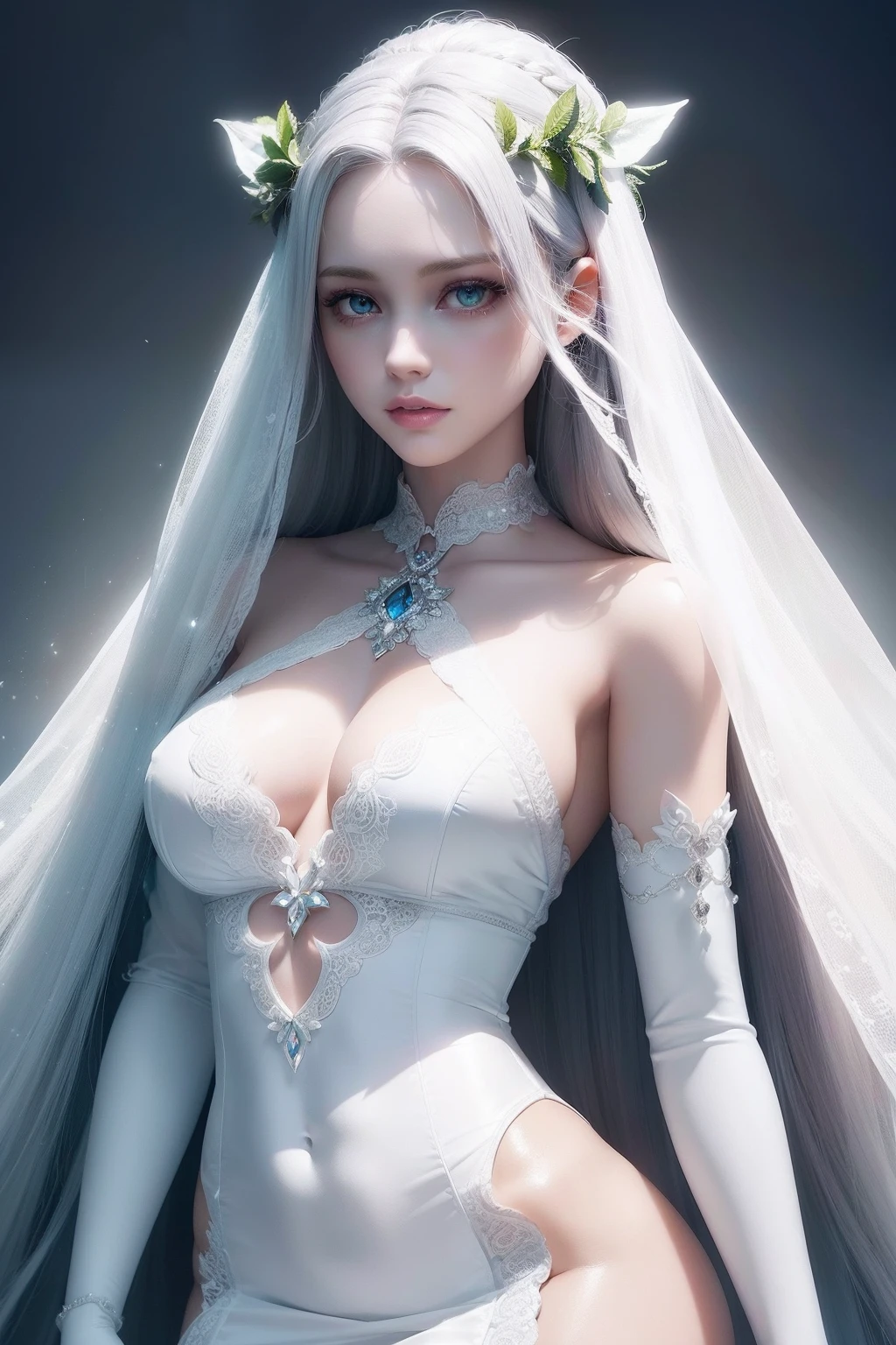 (((druid fantasy aesthetic))) ((beauty slim shape)) perfect skin, hyperrealistic masterpiece, (((in extremely complex & superdetailed white doll dress))), cinematic illumination: 8k, symmetrical eyes, realistic, sharp focus, HD, highly detailed, intricate, photography, hyperrealism, hyperrealistic, film, studio portrait, detailed, dramatic lighting, maximum definition and sharpness, (((highly detailed external glowing lighting))), (((long hair)))