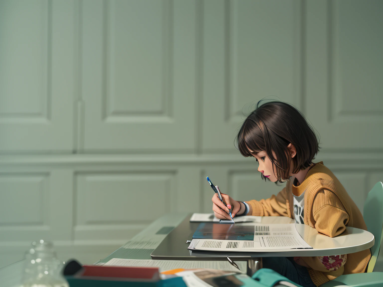 Girl with short hair writing on table