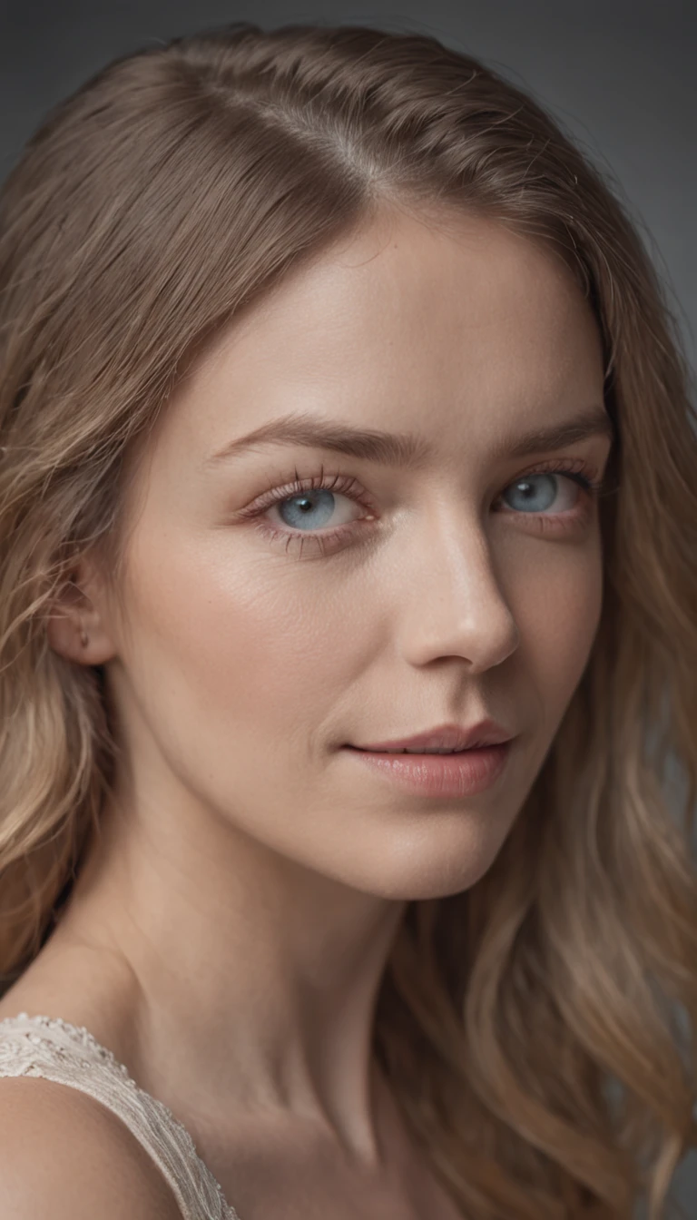colors, sharp light blue eyes, A soul-stirring close-up portrait of a woman, grins, her grace enhanced by the soft gradient of natural light, the chiaroscuro effect adding depth, taken by the esteemed photographer Sally Mann, Photography, Hasselblad X1D II with an 80mm f/1.9 lens, set at f/2.8, ISO 64, 1/180s, with ambient light sculpted using a large diffuser and a gold reflector for warmth,