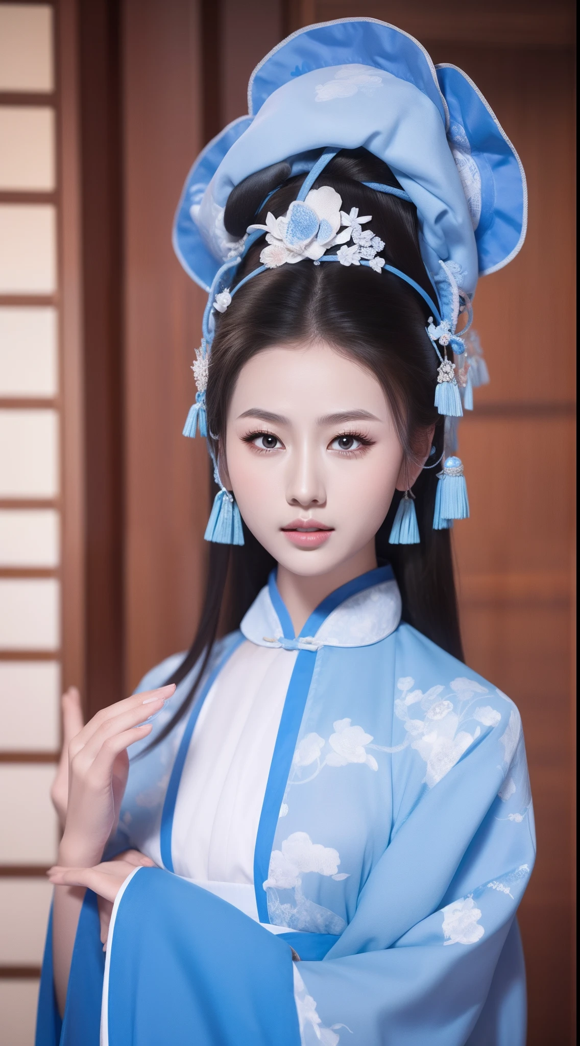 Blue and white porcelain style，Ancient Chinese clothing，The clothing is blue and white motif，ancient china art style，Fashion model 18 years old [[[[closeup cleavage]]]], [[[[boobgasm]]]], [[[[coll]]]], [[[[bshoulders]]]], perfect  eyes, Perfect iris，Perfect lips，perfect teeth，Perfect skin，with fair skin，Soft front light，hdr，Movie girl，long whitr hair，The expression was melancholy，The background is an ancient Chinese interior，4K Ultra HD, 超高分辨率, (Photorealistic: 1.4), Best quality，Masterpiece，Utra dilution，（pastel colour：1.2）