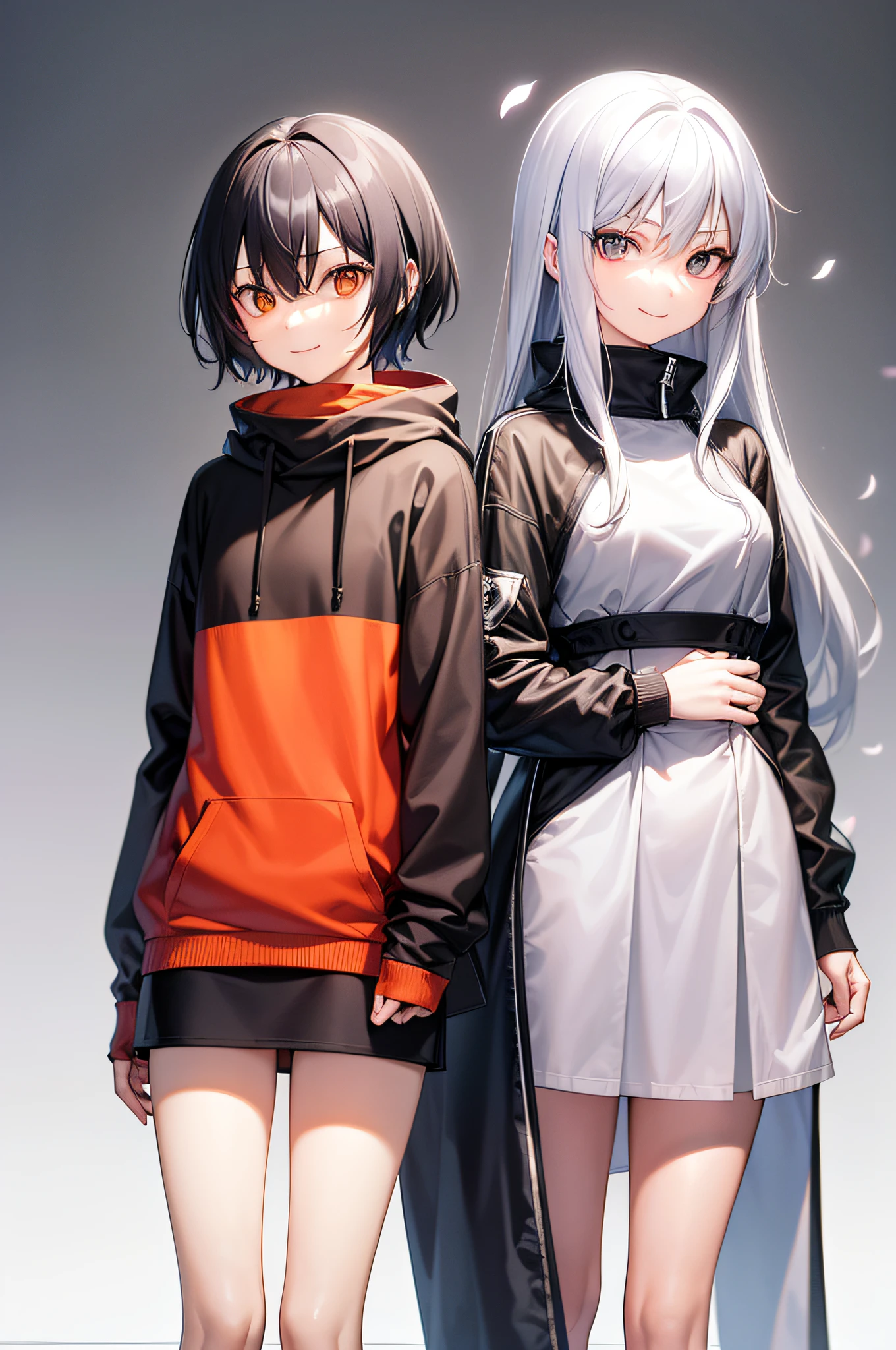 in detail、In more detail、Gray hair、Women in Their 20s、From head to toe、Orange hoodie on upper body、Lower body black miniskirt、Soft skin、A smile、slender、Background is petals、Anime style、alone、Only one person、I don't need two people