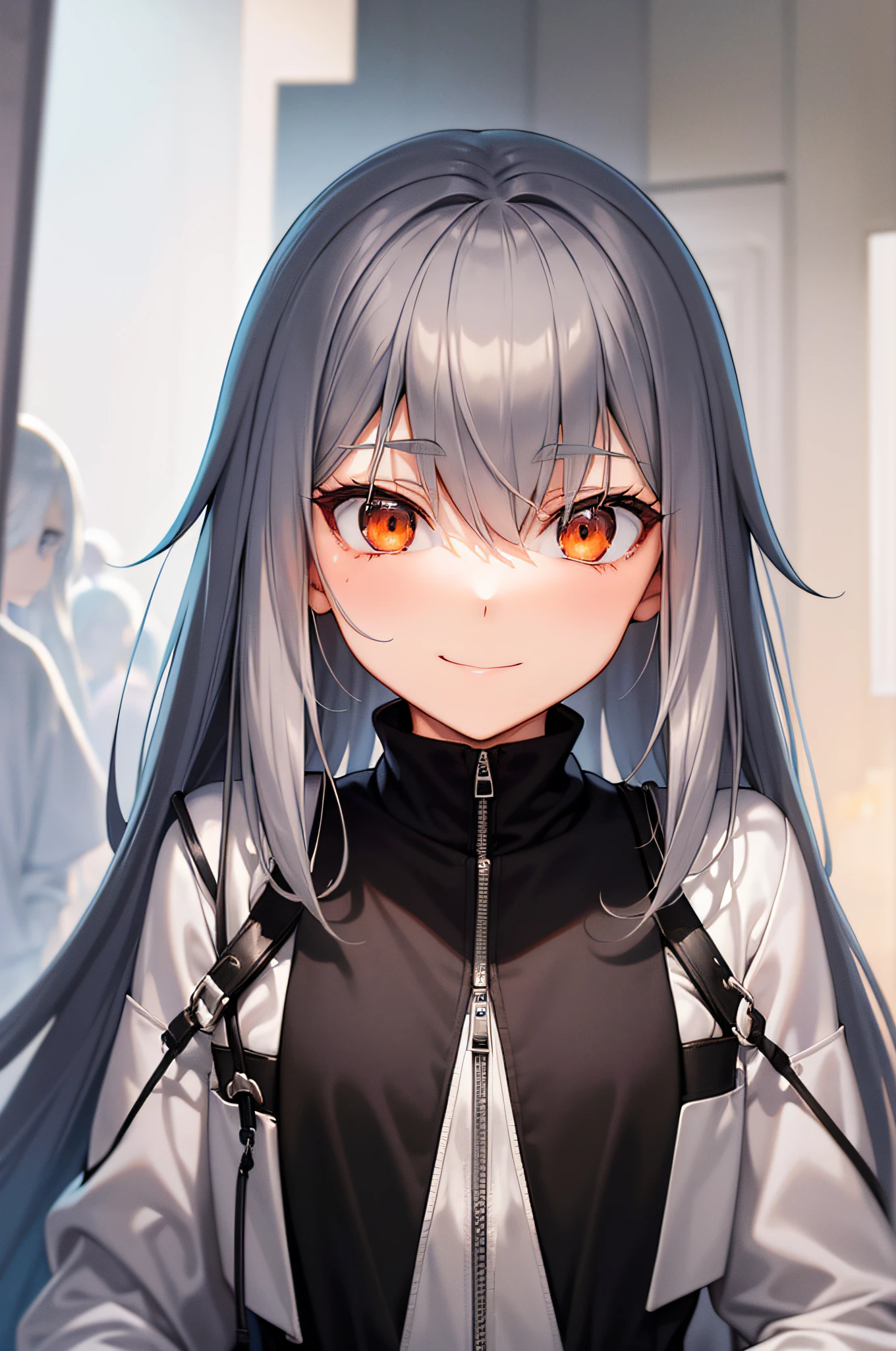 in detail、In more detail、Gray hair、Women in Their 20s、From head to toe、Orange hoodie on upper body、Lower body black miniskirt、Soft skin、A smile、slender、Background is petals、Anime style、alone、Only one person、I don't need two people