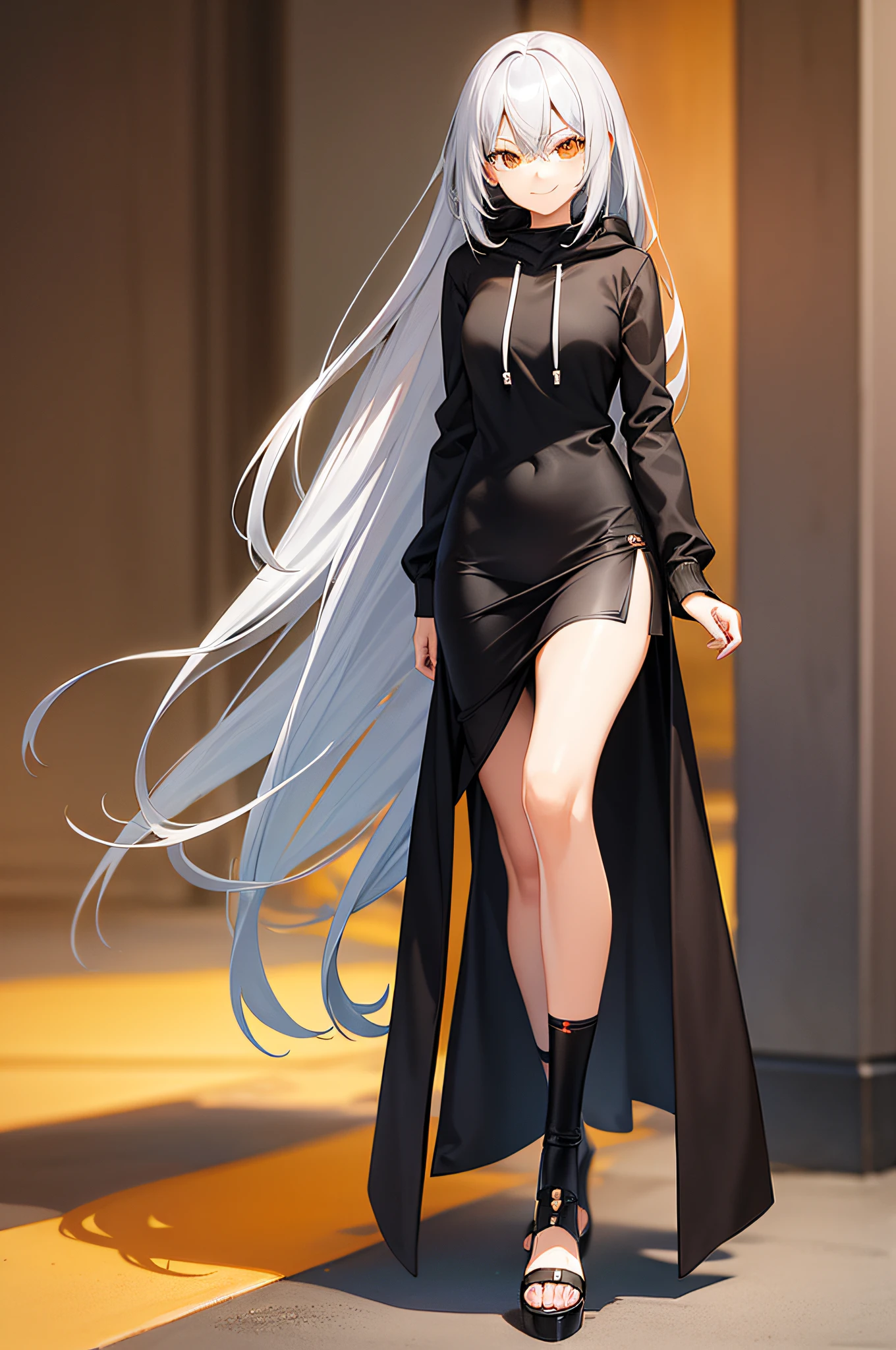 in detail、In more detail、Gray hair、Women in Their 20s、From head to toe、Orange hoodie on upper body、Lower body black miniskirt、Soft skin、A smile、slender、Background is petals、Anime style、alone、Only one person、I don't need two people