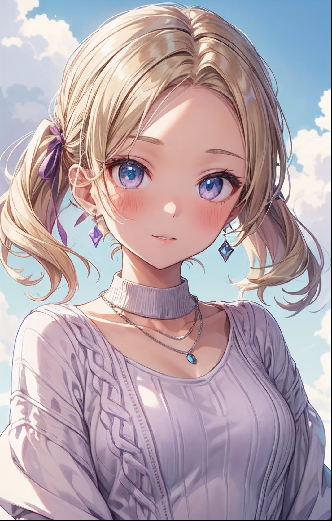 (blonde:1.3),(Curly hair with a lot of fluff:1.4),(braided hair:1.3),(With bangs),(pink eyes:1.25),Slight red tide,(Beautiful breasts spilling out of clothes:1.3),(The eyes are shining brightly:1.2),(eye size:1.7),(Commemorative photo style:1.3),(Looking at camera with a smile:1.25),(smiling with open mouth:1.2),(soft sunlight:1.3),(A soft atmosphere in the sky:1.25),(hair blowing in the wind:1.3),(soft smile:1.3),(cute pose:1.4),(striped long sleeve clothes:1.35),(clothes with lace:1.3),(Volume shorts made of denim material:1.35),(close up of face:1.4),(white, light blue and yellow green),