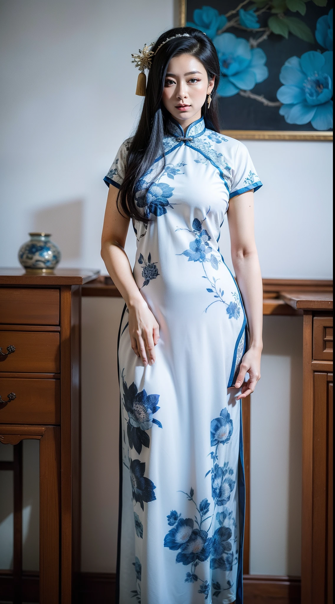 Blue and white porcelain style，Chinese white cheongsam，The cheongsam is decorated with a blue and white pattern，ancient china art style，Fashion model 18 years old [[[[closeup cleavage]]]], [[[[boobgasm]]]], [[[[coll]]]], [[[[bshoulders]]]], perfect  eyes, Perfect iris，Perfect lips，perfect teeth，Perfect skin，with fair skin，Soft front light，hdr，Movie girl，The expression was melancholy，The background is an ancient Chinese interior，Blue flowers，4K Ultra HD, 超高分辨率, (Photorealistic: 1.4), Best quality，Masterpiece，Utra dilution，（pastel colour：1.2）
