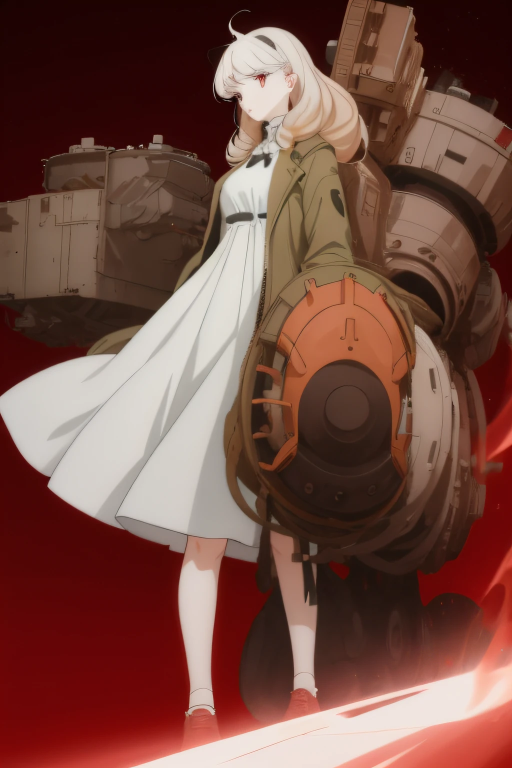 A girl with a white double ponytail，Lost in the empty world，messy  hair，Behind it is huge machinery，Godless red eyes，white long curly hair，Dress carefully，Read quietly，The mech opened its huge hand，The girl stood on it