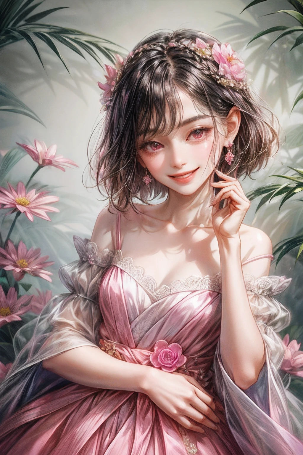 1girl, 独奏, Black hair, dress, pink dress, flower, hair flower, jewelry, hair decoration, earrings, pink eyes, short hair hair, collarbone, smile, looking at the scenes, short sleeves, Prince of the Pink Flower;