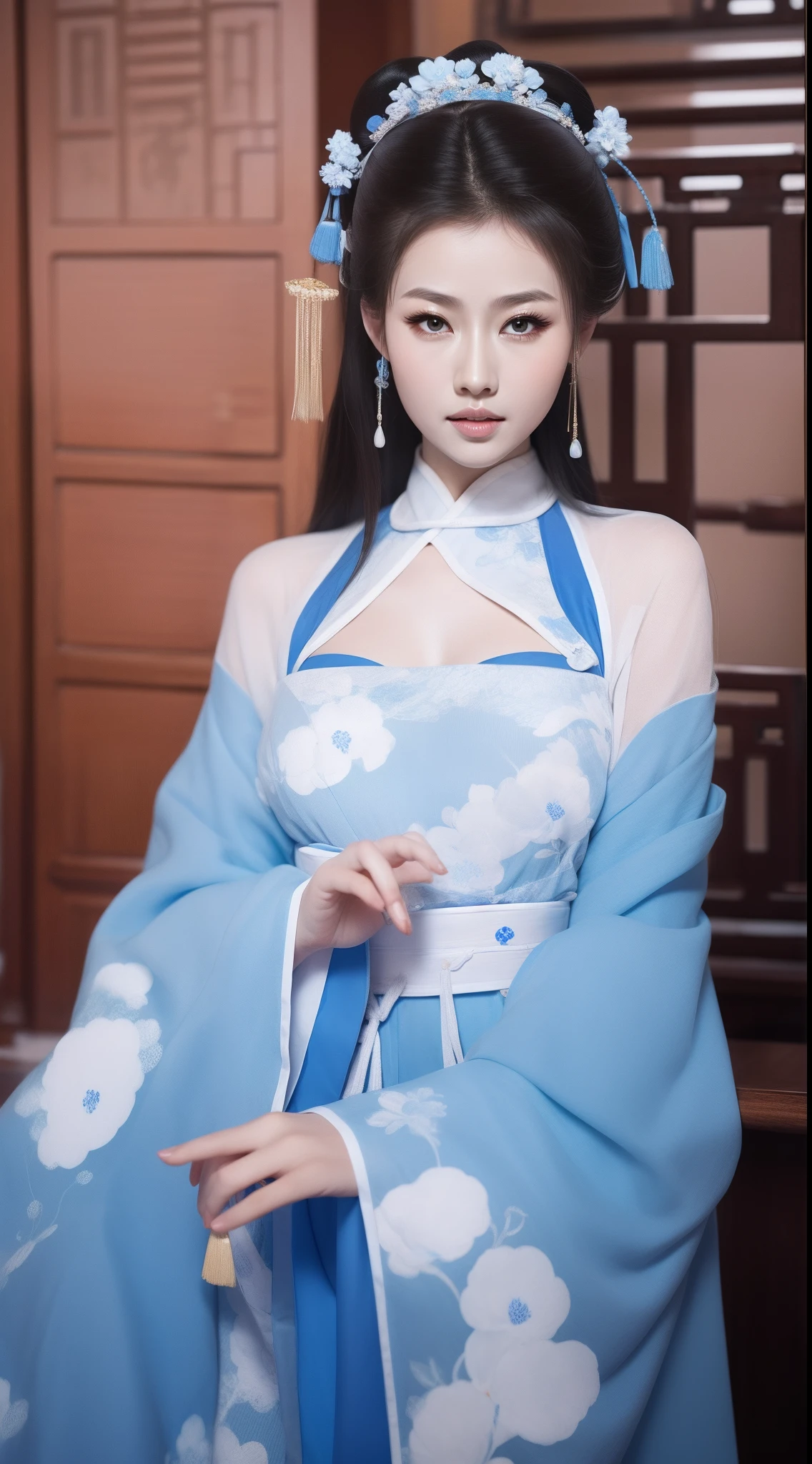 Blue and white porcelain style，Ancient Chinese clothing，The clothing is blue and white motif，ancient china art style，Fashion model 18 years old [[[[closeup cleavage]]]], [[[[boobgasm]]]], [[[[coll]]]], [[[[bshoulders]]]], perfect  eyes, Perfect iris，Perfect lips，perfect teeth，Perfect skin，with fair skin，Soft front light，hdr，Movie girl，long whitr hair，The expression was melancholy，The background is an ancient Chinese interior，4K Ultra HD, 超高分辨率, (Photorealistic: 1.4), Best quality，Masterpiece，Utra dilution，（pastel colour：1.2）