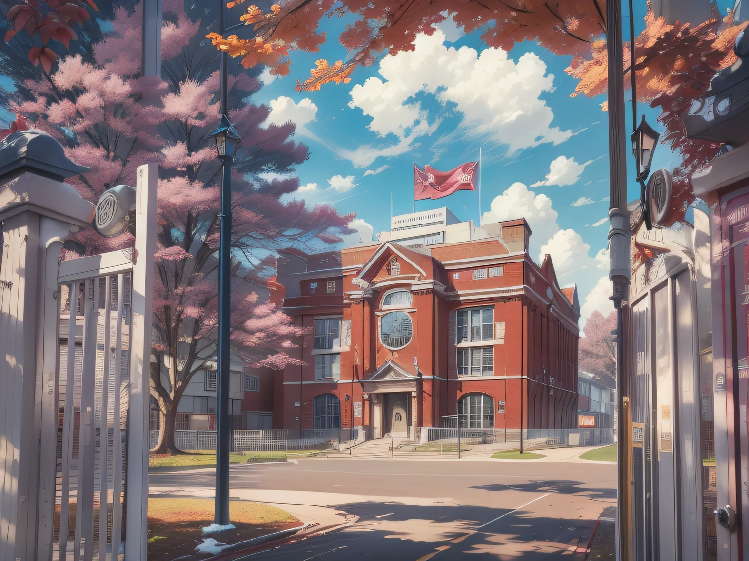 The sky is blue and white clouds，Walk through the school gates, You can see the tall crimson school building，A huge display hangs to the right of the school entrance，The overall tone is not bright