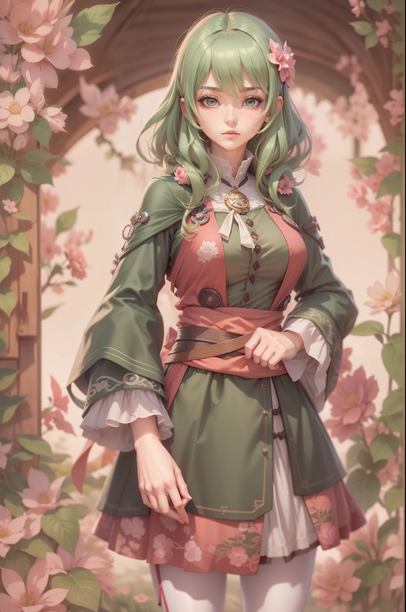 (estilo anime) uma com cabelo rosa e olhos verdes usando um vestido marrom, Personagem JRPG, Engrenagem Aurora, Meninaime chamada Lucy, menina alqui Mushoku Tensei, final fantasy tactics character, Personagem de RPG, Arte do personagem JRPG, protagonista feminina 👀 :8, garota de anime desonestos, crisp clear rpg portrait, Megumu Okada, Katsushika