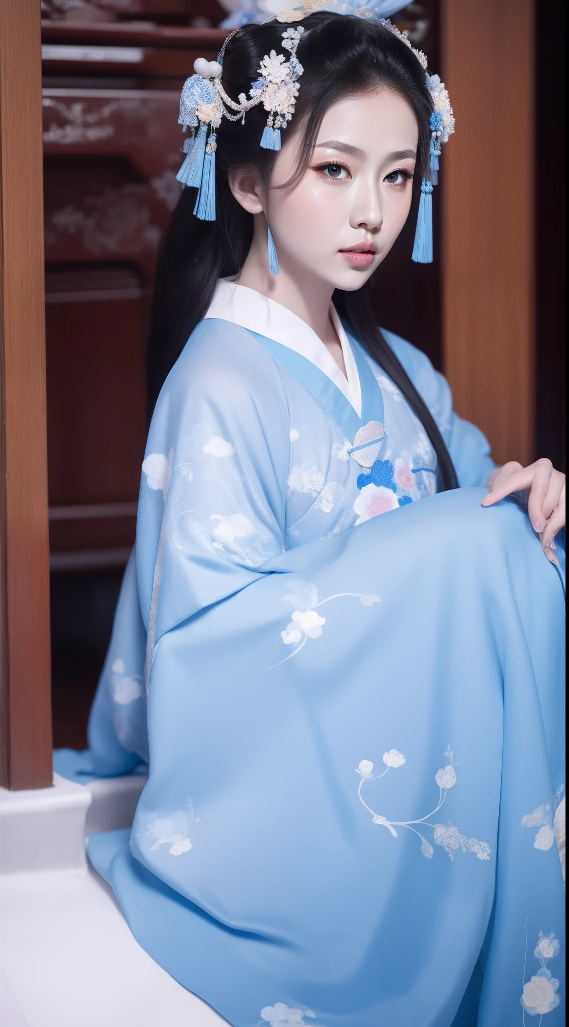 Blue and white porcelain style，Ancient Chinese clothing，The clothing is blue and white motif，ancient china art style，Fashion model 18 years old [[[[closeup cleavage]]]], [[[[boobgasm]]]], [[[[coll]]]], [[[[bshoulders]]]], perfect  eyes, Perfect iris，Perfect lips，perfect teeth，Perfect skin，with fair skin，Soft front light，hdr，Movie girl，long whitr hair，The expression was melancholy，The background is an ancient Chinese interior，4K Ultra HD, 超高分辨率, (Photorealistic: 1.4), Best quality，Masterpiece，Utra dilution，（pastel colour：1.2）