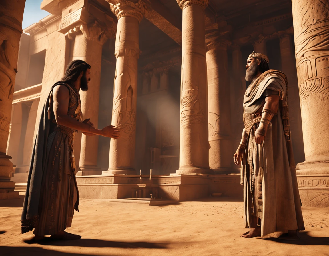 Realistic view of Moses confronting Pharaoh, Depicted in high quality photographic detail. with 8K resolution, Every aspect of the scene is recreated with stunning realism. Harness the power of Unreal Engine, The composition is well crafted,Capture the essence of the moment. soft, Film lighting accentuates the character of the scene. intricately details, as a tool detail, The rendering is impressive. Reflections of light and realistic shadow tracing add to the realism of the scene. The color palette is elegantly adjusted, Create an engaging atmosphere. The result is a hyper-realistic representation, bringing to life, Immerse yourself in detail and depth.