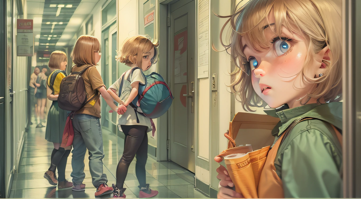 In the hallway,The short-haired girl saw several people beating people