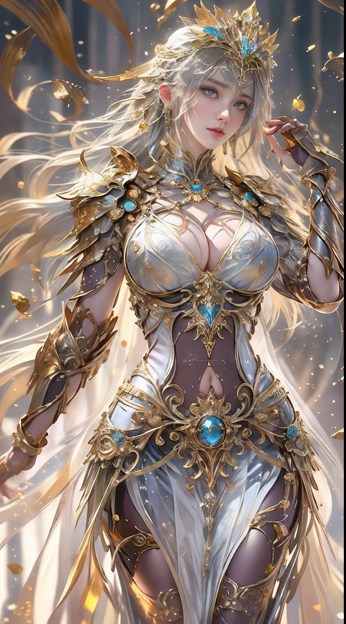 Woman in a golden transparent dress,view the viewer,(((Huge breasts, Large cleavage))),Slim waist,(navel baring,Bare waist), Long hair, Ultra-detailed details,High-end Zhenyi station, Rainstorm site, detailed fantasy art, Stunning character art, Beautiful and exquisite character art, Beautiful gold and silver armor, Extremely detailed, Girl in shiny armor, Exquisite tiaras and jewelry,Crystal jewelry filigree, milky ways, Stunning visuals, (dynamic streaks, light tracks:1.2), Vibrant colors,