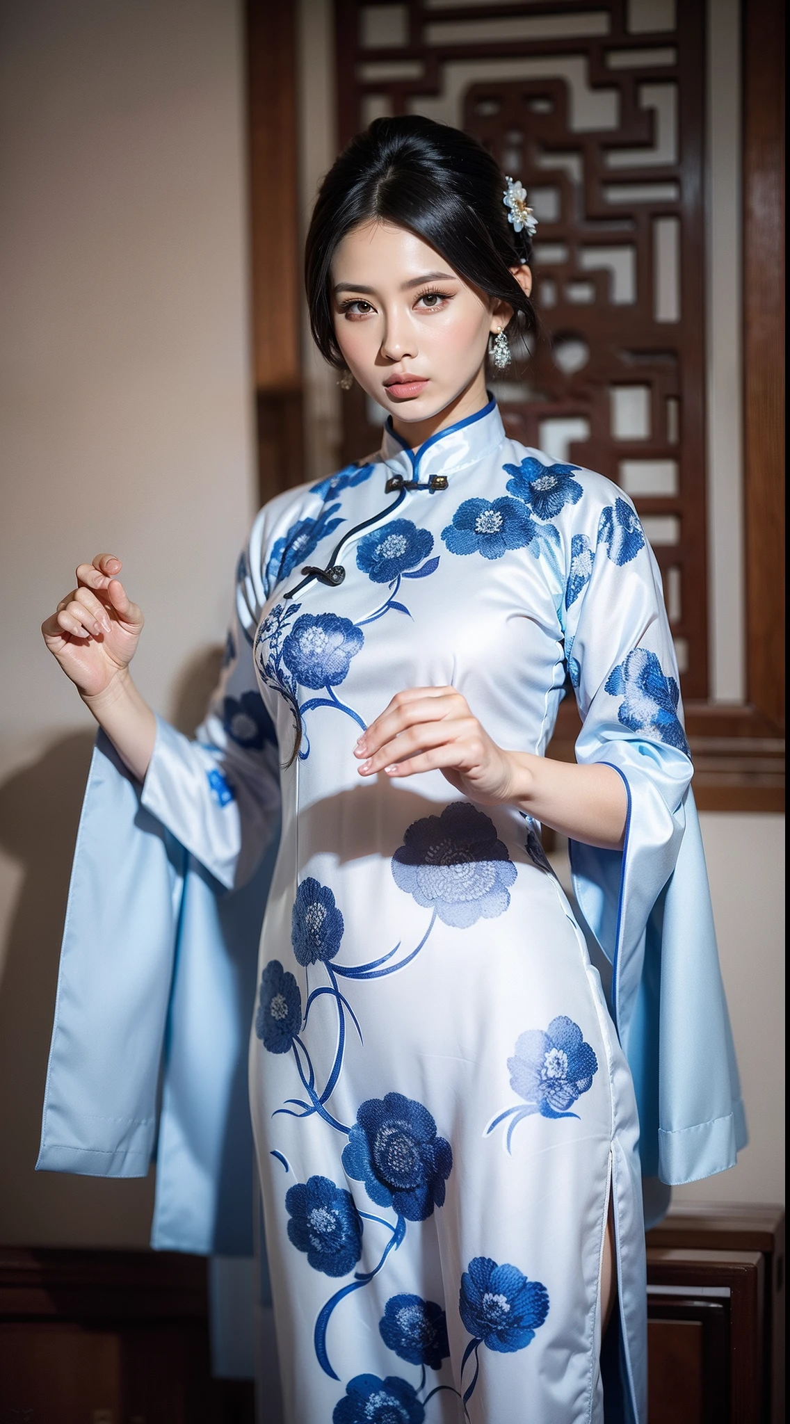 Blue and white porcelain style，Chinese white cheongsam，The cheongsam is decorated with a blue and white pattern，ancient china art style，Fashion model 18 years old [[[[closeup cleavage]]]], [[[[boobgasm]]]], [[[[coll]]]], [[[[bshoulders]]]], perfect  eyes, Perfect iris，Perfect lips，perfect teeth，Perfect skin，with fair skin，Soft front light，hdr，Movie girl，The expression was melancholy，The background is an ancient Chinese interior，Blue flowers，4K Ultra HD, 超高分辨率, (Photorealistic: 1.4), Best quality，Masterpiece，Utra dilution，（pastel colour：1.2）