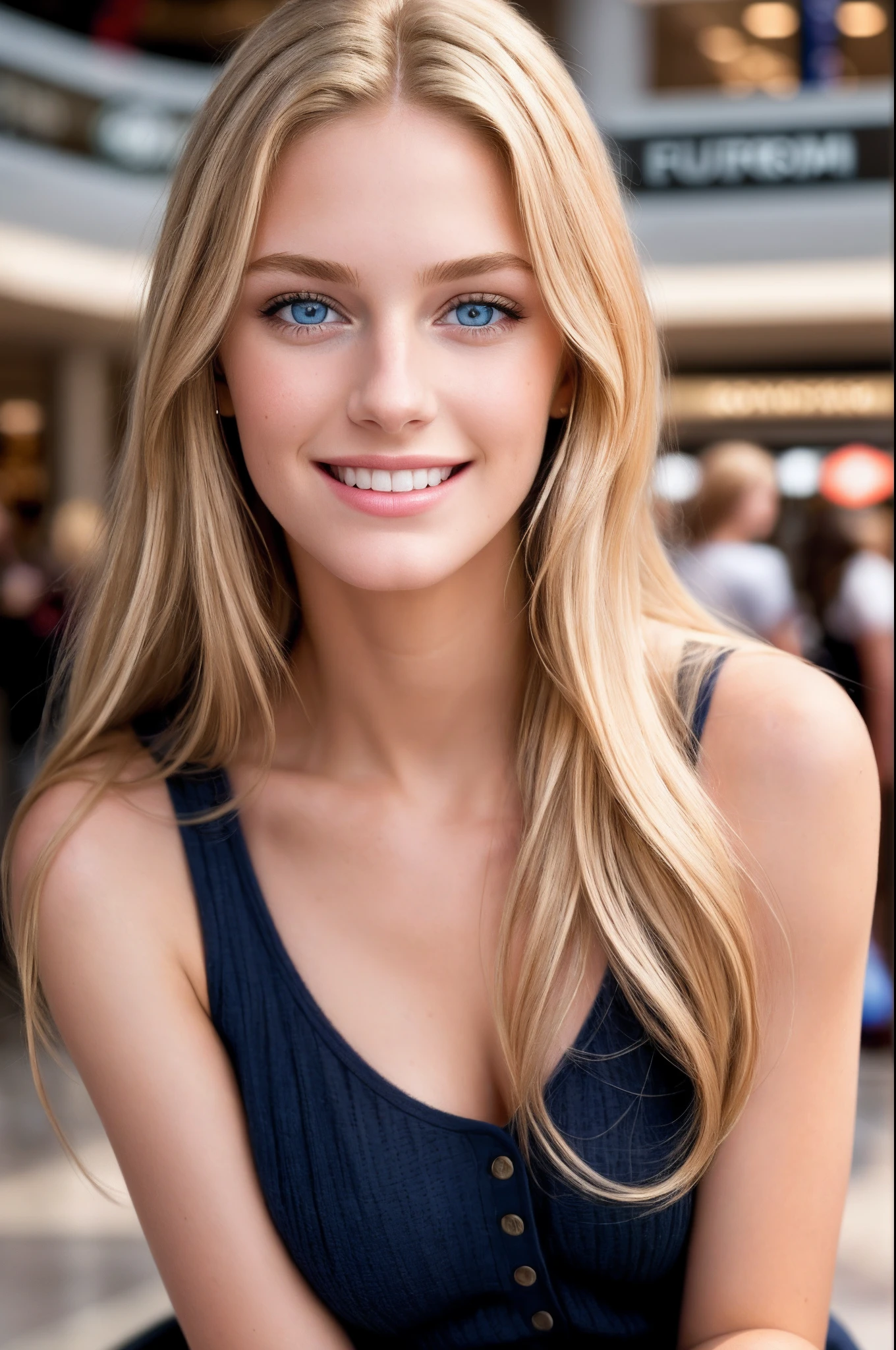 beautiful 18yo american supermodel at mall, smiling, looking at viewer, slender figure, blonde, detailed face, realistic eyes, detailed eyes, portrait closeup, facing straight at camera, fujifilm xt3