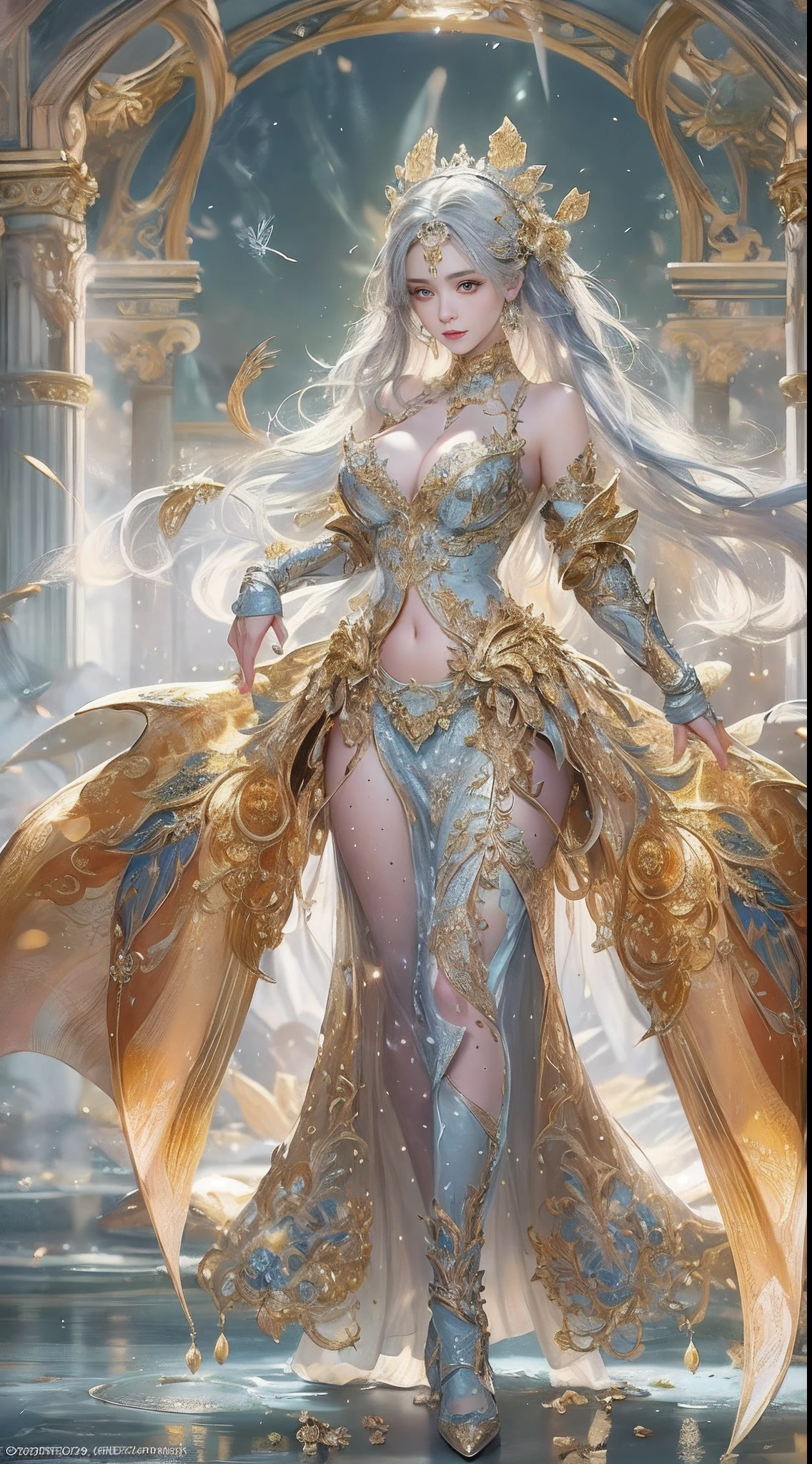 Woman in a golden transparent dress,view the viewer,(((Huge breasts, Large cleavage))),Slim waist,(navel baring,Bare waist), Long hair, Ultra-detailed details,High-end Zhenyi station, Rainstorm site, detailed fantasy art, Stunning character art, Beautiful and exquisite character art, Beautiful gold and silver armor, Extremely detailed, Girl in shiny armor, Exquisite tiaras and jewelry,Crystal jewelry filigree, milky ways, Stunning visuals, (dynamic streaks, light tracks:1.2), Vibrant colors,