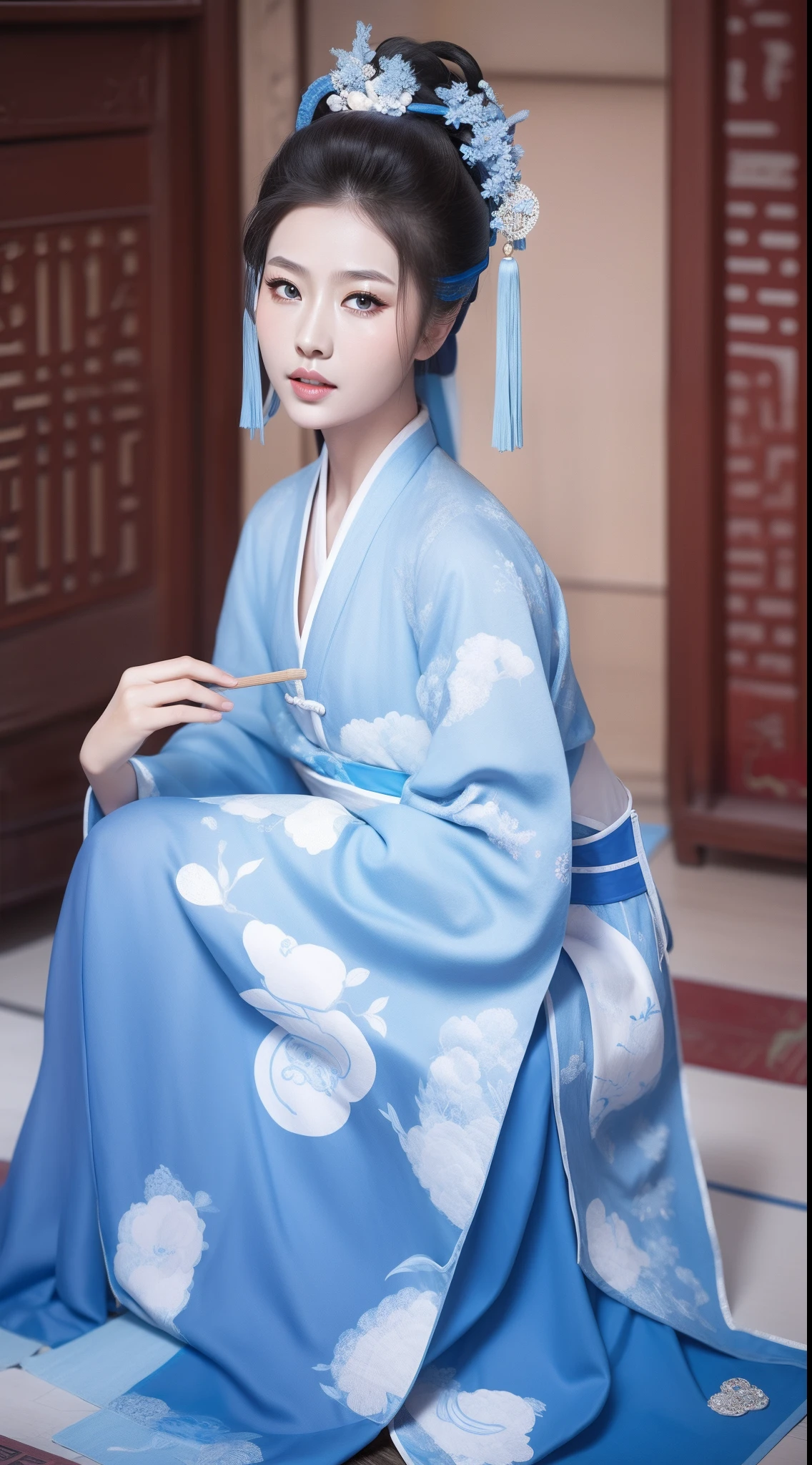 Blue and white porcelain style，Ancient Chinese clothing，The clothing is blue and white motif，ancient china art style，Fashion model 18 years old [[[[closeup cleavage]]]], [[[[boobgasm]]]], [[[[coll]]]], [[[[bshoulders]]]], perfect  eyes, Perfect iris，Perfect lips，perfect teeth，Perfect skin，with fair skin，Soft front light，hdr，Movie girl，long whitr hair，The expression was melancholy，The background is an ancient Chinese interior，4K Ultra HD, 超高分辨率, (Photorealistic: 1.4), Best quality，Masterpiece，Utra dilution，（pastel colour：1.2）