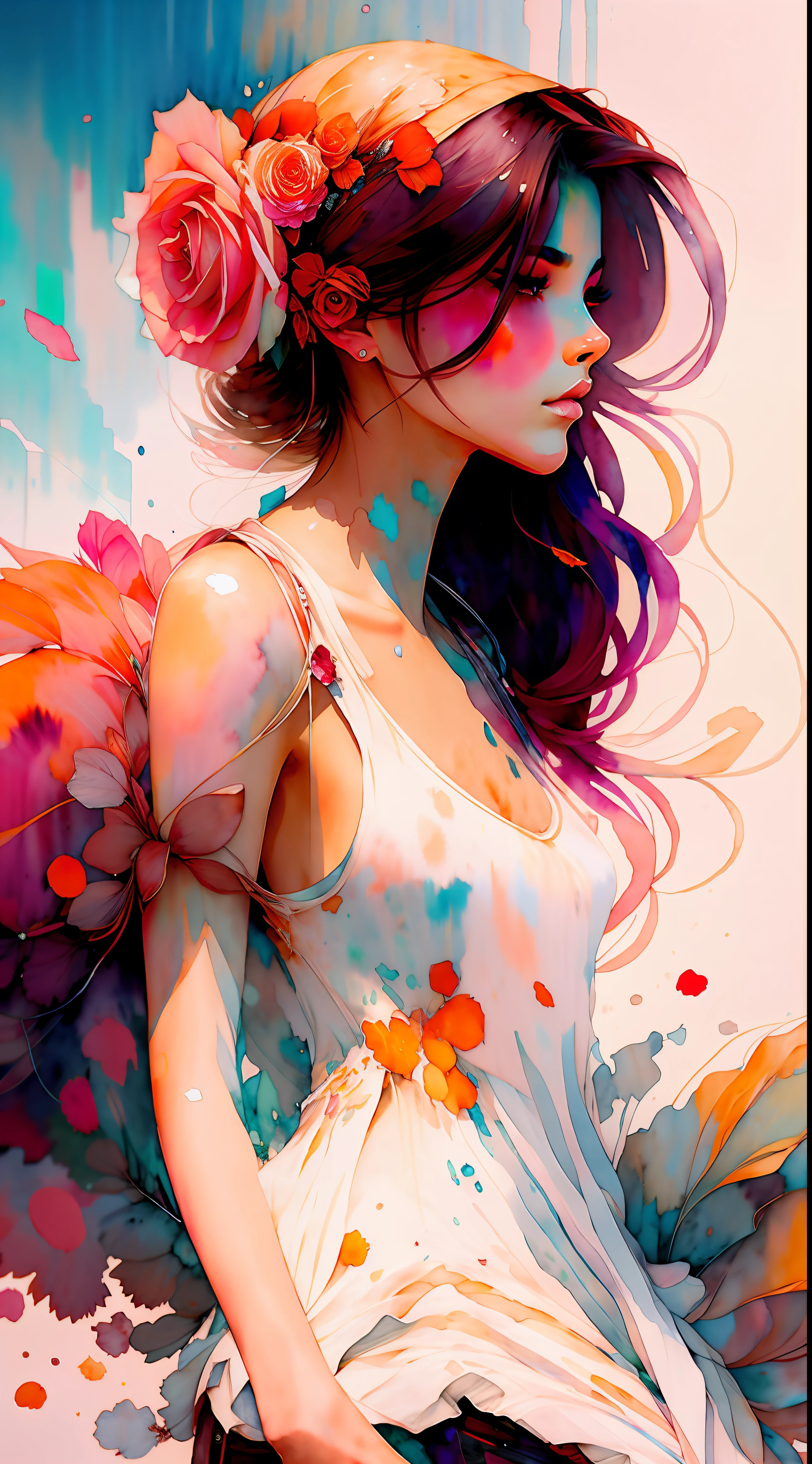 wtrcolor style, (rose) digital art, official art, blown by the wind, masterpiece, beautiful, ((watercolor)), paint splatter, intricate detail. Great detail, [dripping:0.7], Trending on Artstation, Rachel Walker