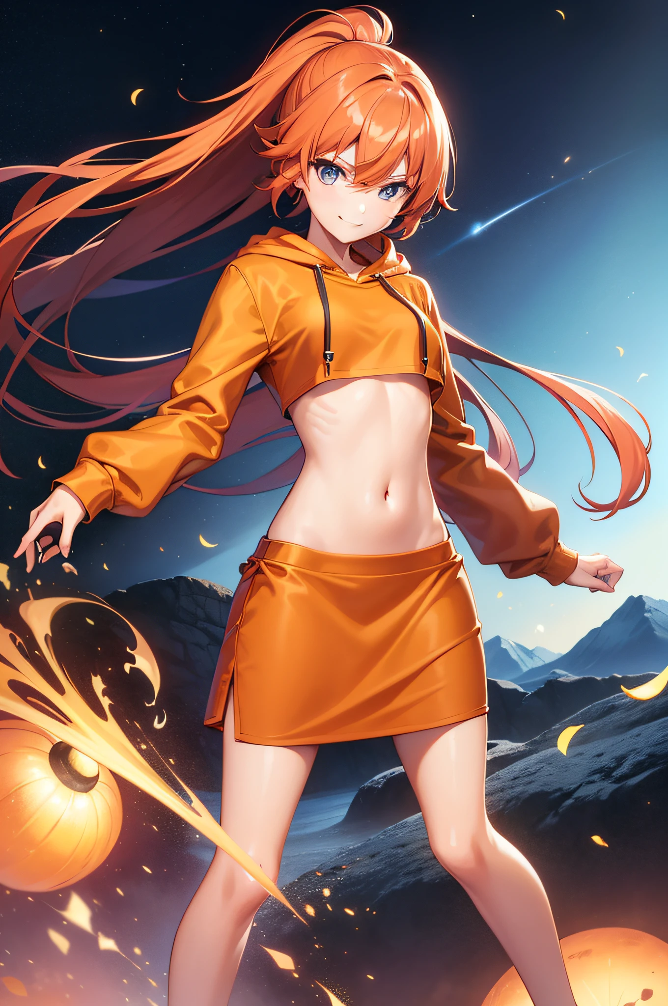 1girl, pecorine, long hair, hair blowing in the wind, (black and orange hoodie:1.6), black and orange pantyhose, portrait, smile, looks down, honeytech, honey, <lora:add_detail:1>   <lora:pecorineV1:1>  <lora:HoneyTech:1>