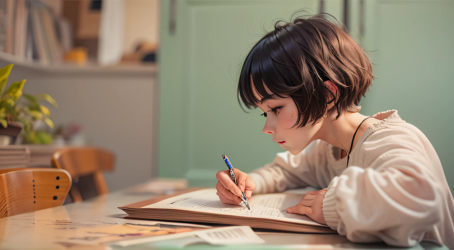 Girl with short hair writing on table