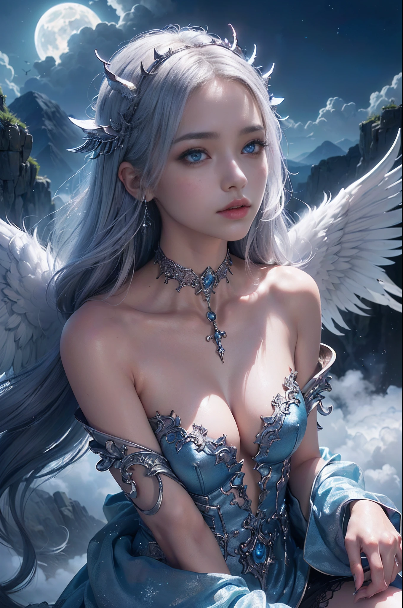 ((nood)), ((tmasterpiece)), (A detailed), seductive succubus, ethereal beauty, Perching on the clouds, (fantasy illustrations:1.3), a captivating gaze, enchanting posture, Delicate wings, Otherworldly charm, mystical sky, (By Luis Royo:1.2), (Yoshitaka Amano:1.1), Moon Night, PastelColors, (Detailed Cloud View:1.3), (hight resolution:1.2),up close shot,up close shot,Black eyes,Detailed beautiful eyes,angelicales,one white winged