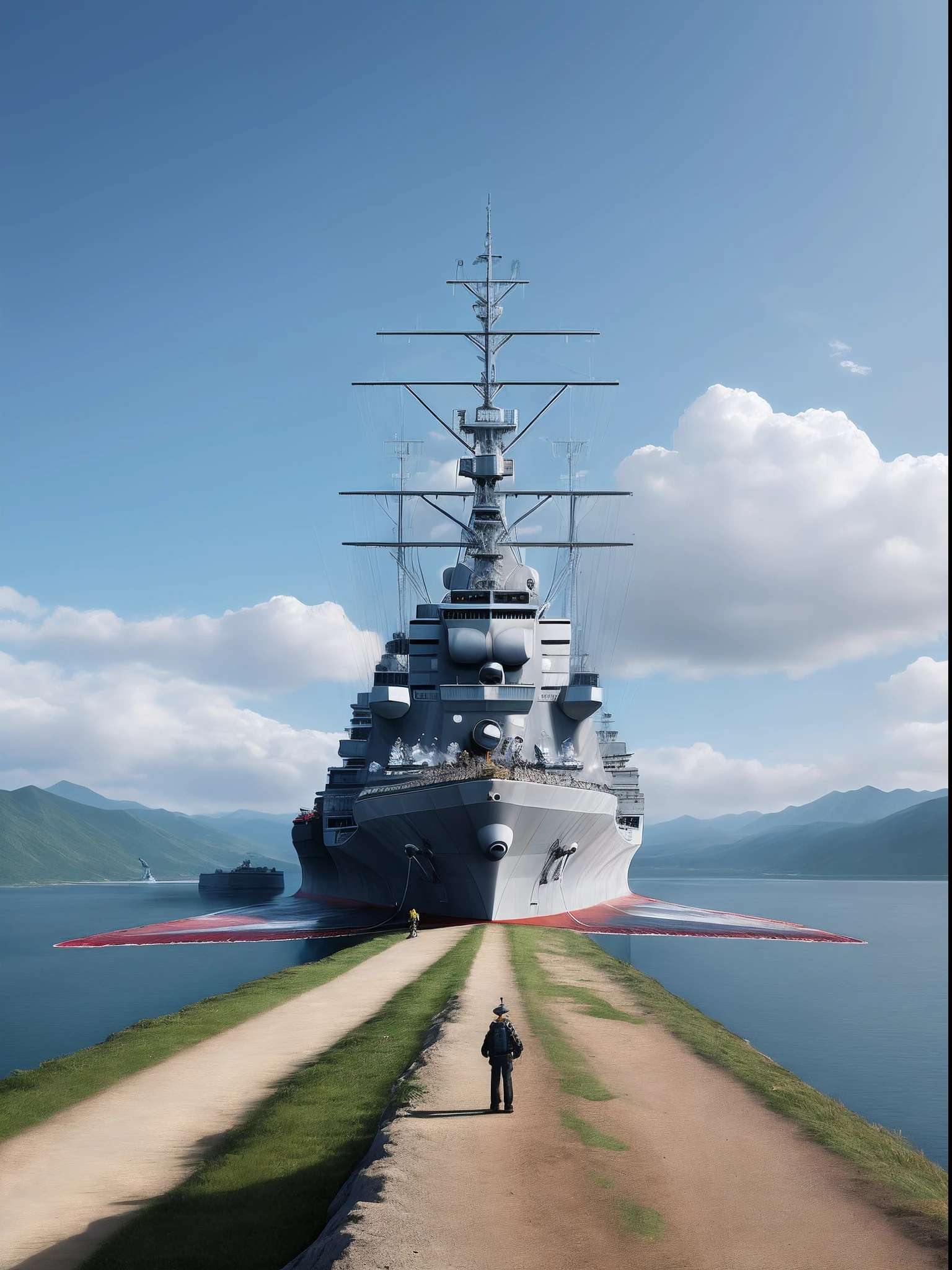 Stand on top of a mountain overlooking tiny humans，Battleships soar into the sky