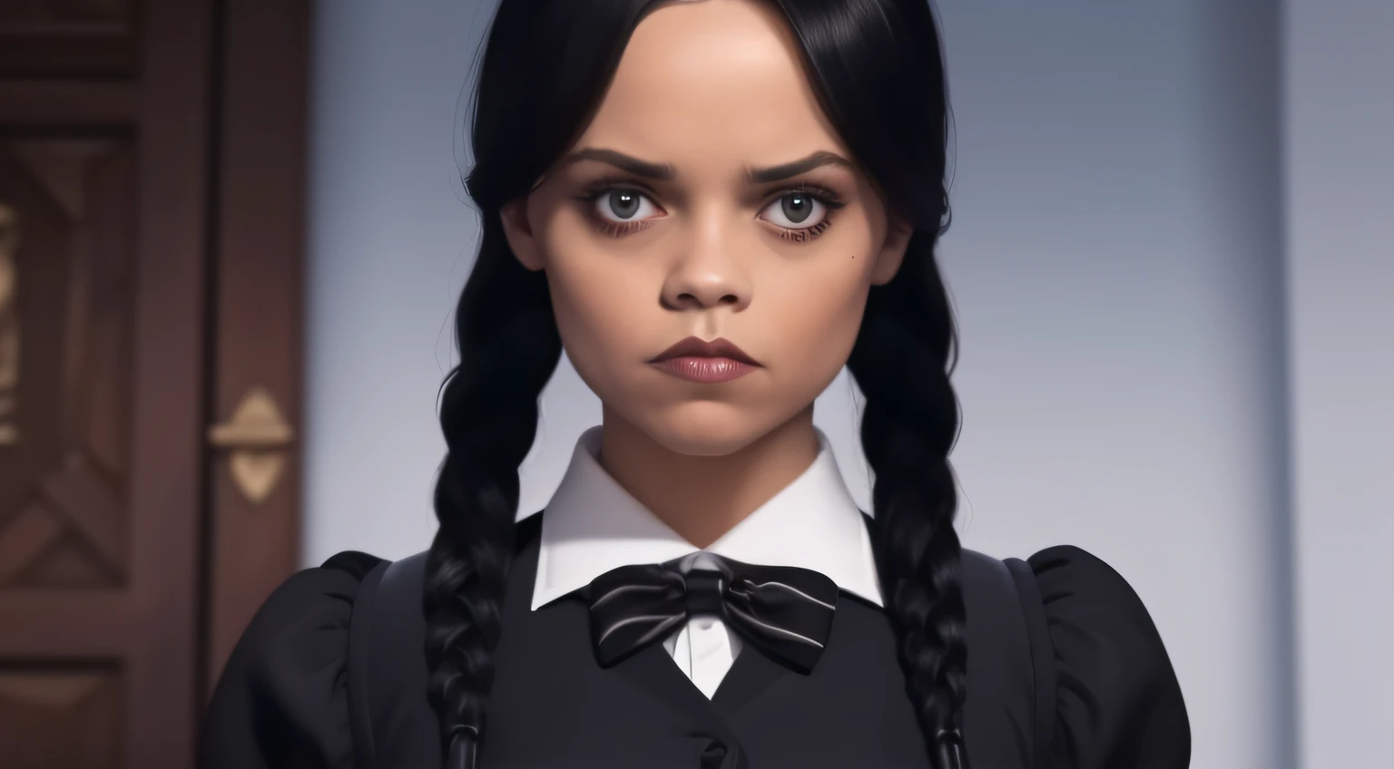 (risada sinistra) Wednesday Addams, wearing the iconic black American high school uniform, with their unique braids, em uma imagem de corpo inteiro.