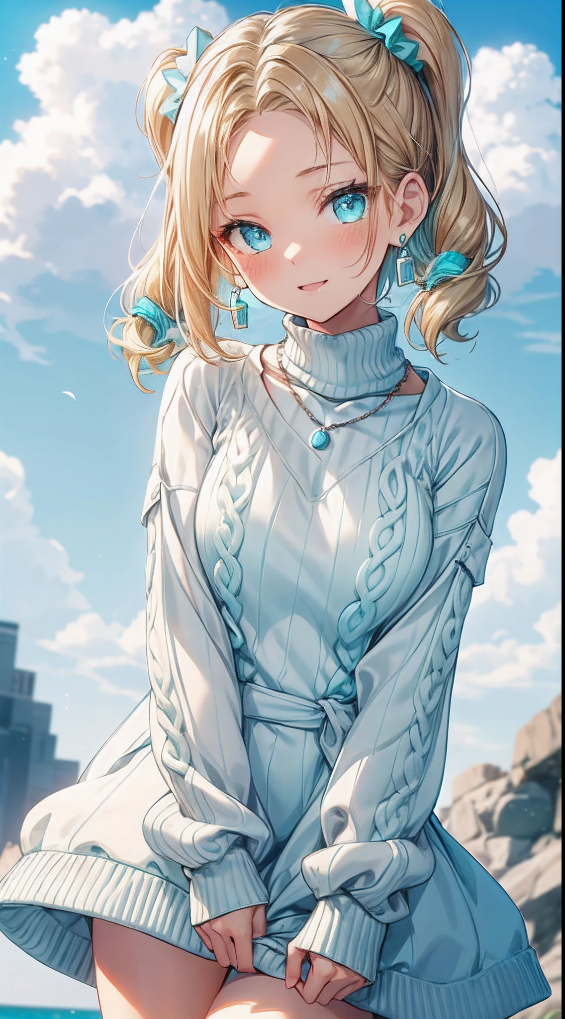 absurderes, ultra-detailliert,bright colour, extremely beautiful detailed anime face and eyes, view straight on, ;D, shiny_skin,25 years old, Short hair, (forehead:1.3), Blonde hair with short twin tails, Shiny hair, Delicate beautiful face, red blush、(cyan eyes:1.1), White skin, hair clips, earrings, a necklace, (cyan praid sweater dress:1.5), Beautiful cloud, Dusk sky,