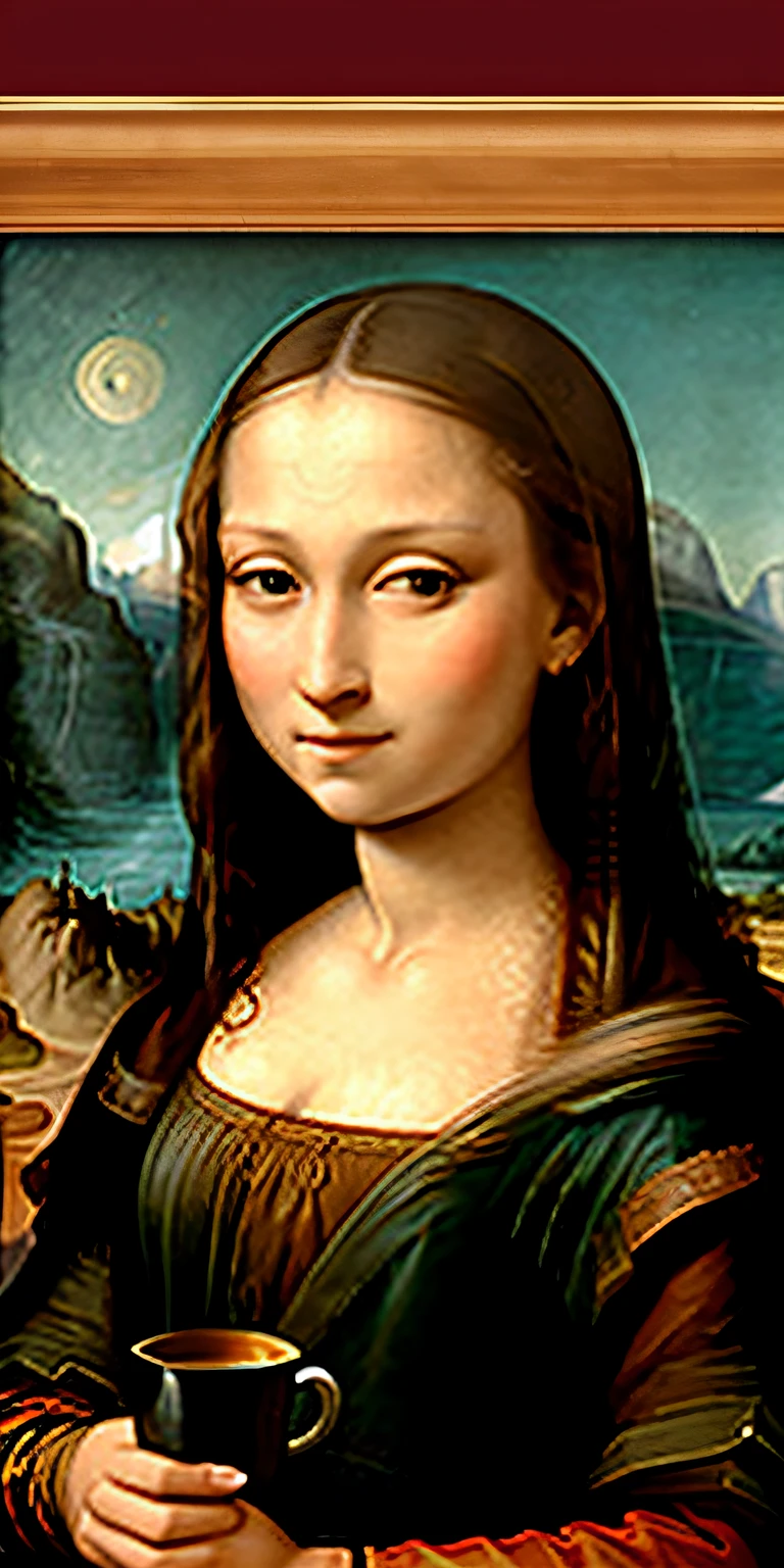 quadro da Monalisa, aparecida realista, com moldura em madeira, she's drinking hot coffee