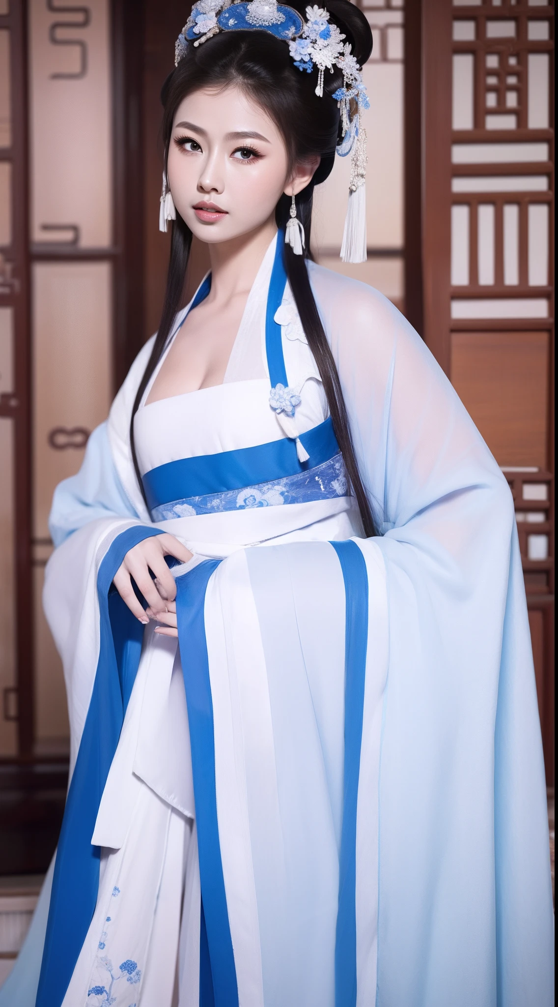 Blue and white porcelain style，Ancient Chinese clothing，white apparel，The clothing has a blue and white pattern，ancient china art style，Fashion model 18 years old [[[[closeup cleavage]]]], [[[[boobgasm]]]], [[[[coll]]]], [[[[bshoulders]]]], perfect  eyes, Perfect iris，Perfect lips，perfect teeth，Perfect skin，with fair skin，Soft front light，hdr，Movie girl，long whitr hair，The expression was melancholy，The background is an ancient Chinese interior，4K Ultra HD, 超高分辨率, (Photorealistic: 1.4), Best quality，Masterpiece，Utra dilution，（pastel colour：1.2）