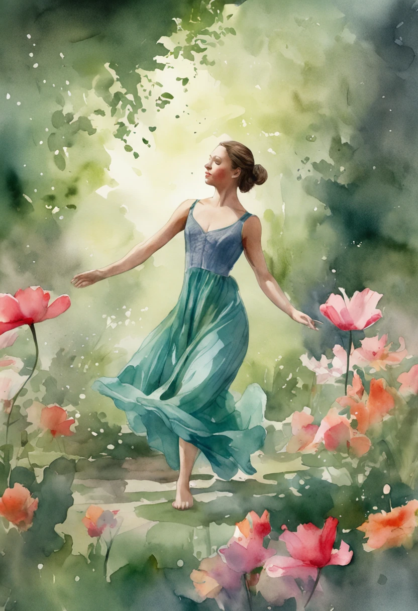 A dancer moving gracefully in the middle of a garden, flower petals gently fall around her, The soft colors of spring blend with the lush greens of the surrounding nature, A serene and contemplative atmosphere emerges from the scene, Illustration, aquarelle sur papier --ar 3:2