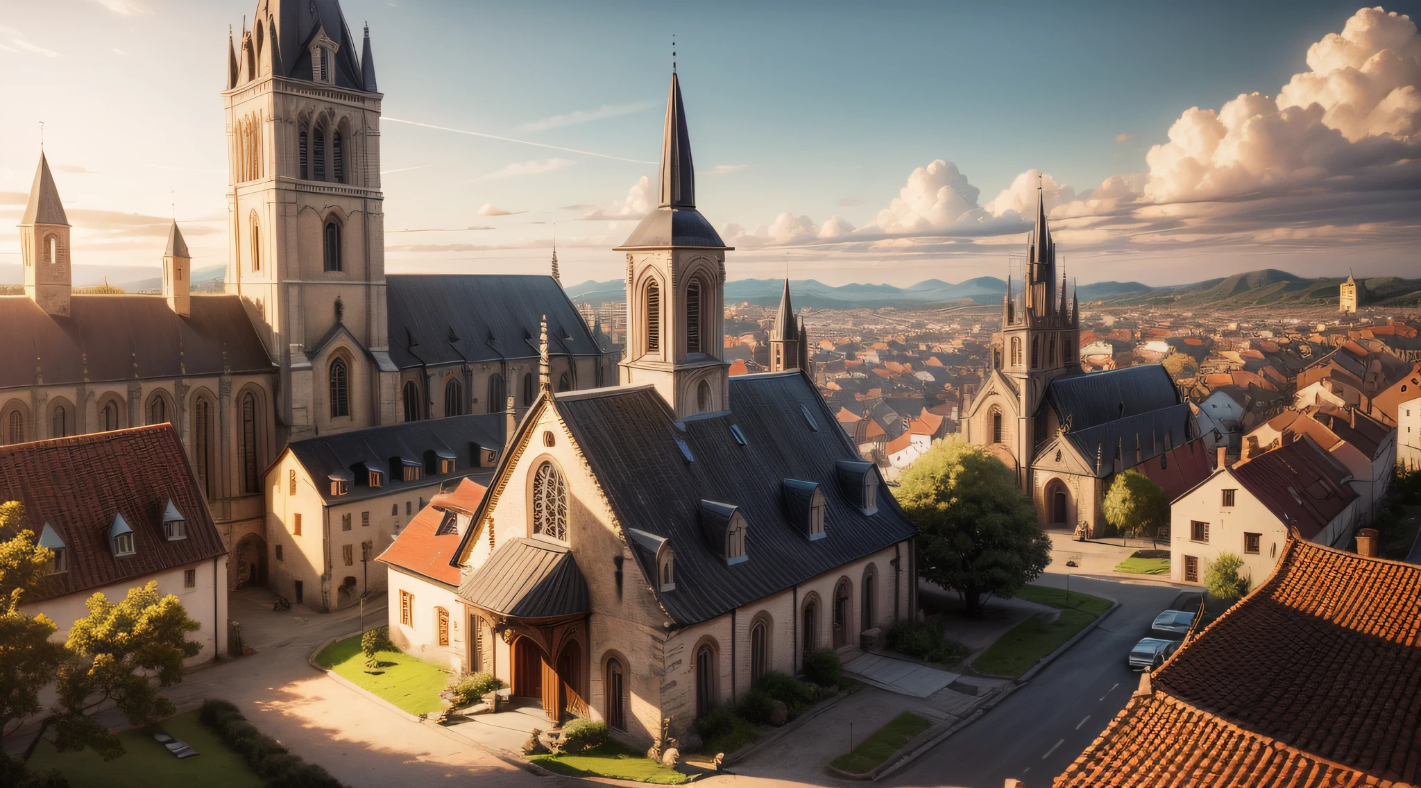 An old village with a big church with a bell, in the middle of the city, late afternoon, golden hour, high detail, photorealistic