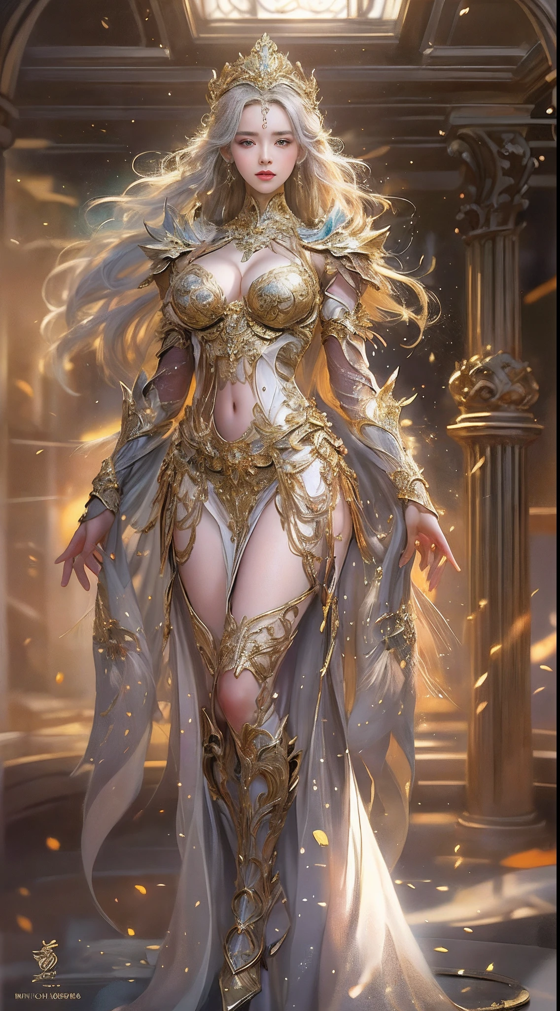 Woman in a golden transparent dress,view the viewer,(((Huge breasts, Large cleavage))),Slim waist,(navel baring,Bare waist), Long hair, Ultra-detailed details,High-end Zhenyi station, Rainstorm site, detailed fantasy art, Stunning character art, Beautiful and exquisite character art, Beautiful gold and silver armor, Extremely detailed, Girl in shiny armor, Exquisite tiaras and jewelry,Crystal jewelry filigree, milky ways, Stunning visuals, (dynamic streaks, light tracks:1.2), Vibrant colors,